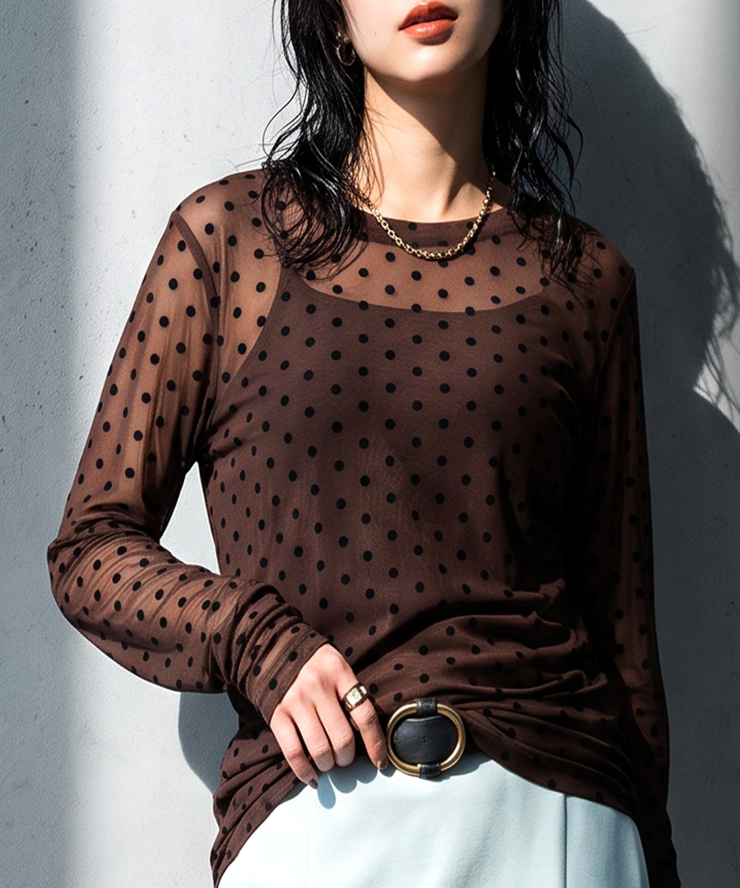 Polka Dot Sheer Layered Cut And Sew Top Ladies