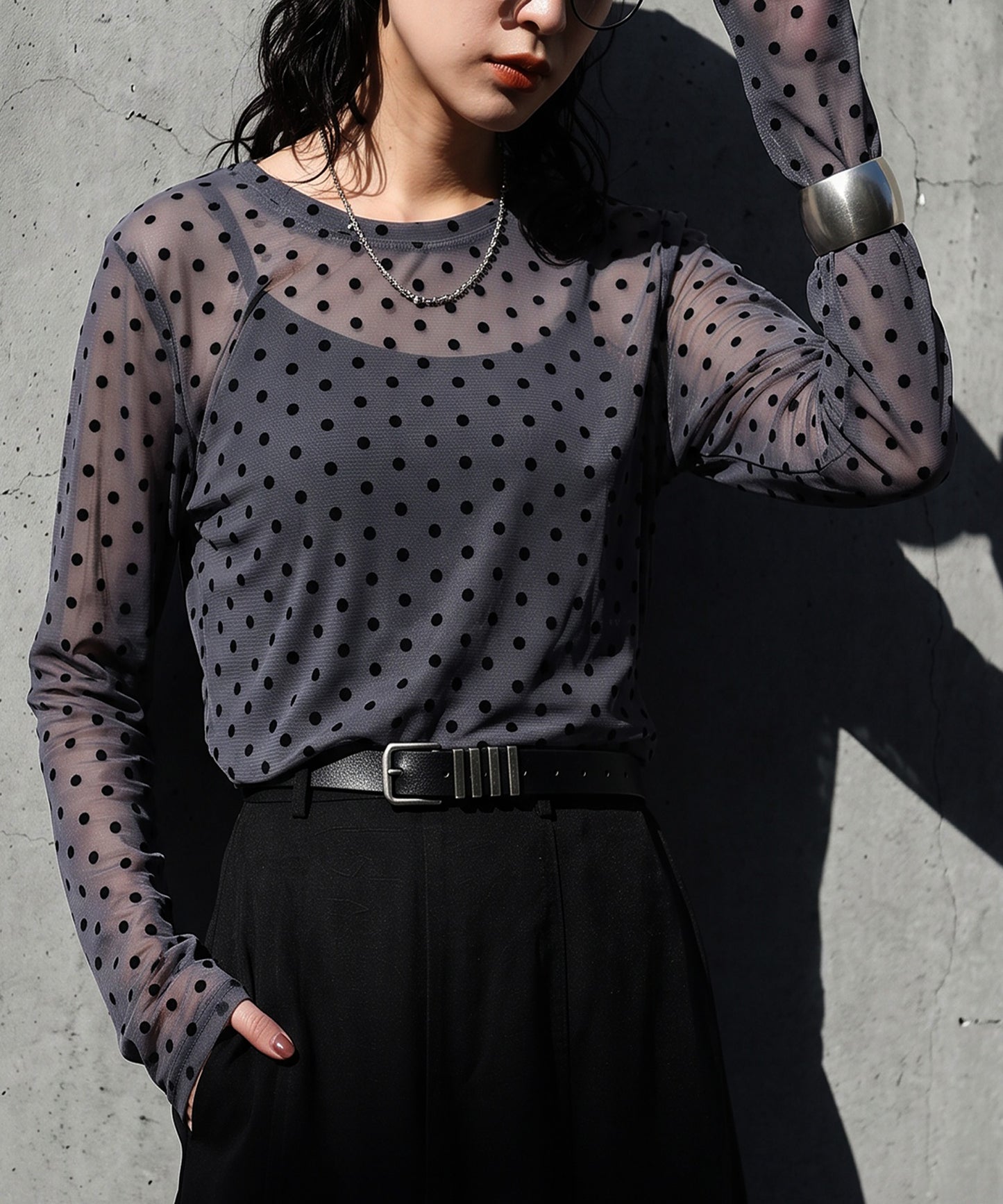 Polka Dot Sheer Layered Cut And Sew Top Ladies