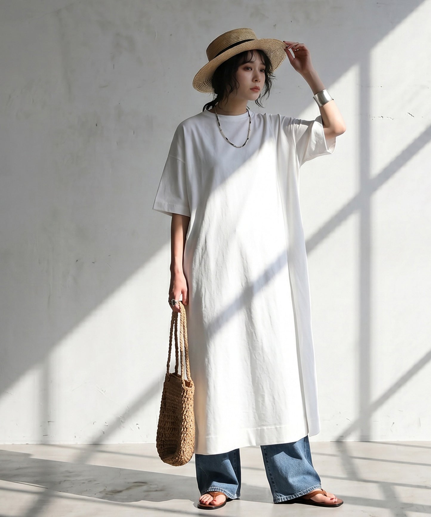 Sweat-Stain Resistant 100% Cotton Crew Neck Long Dress Ladies