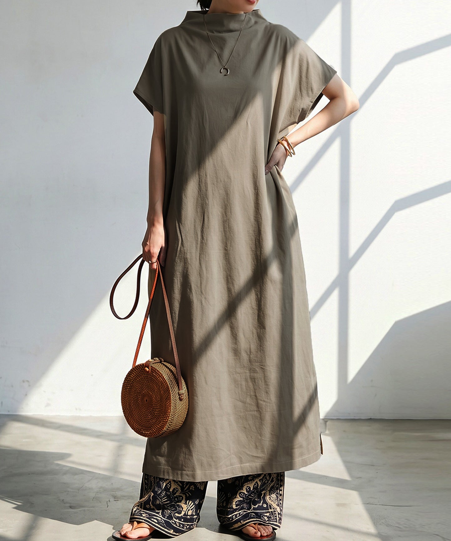 100% Cotton Bottleneck Wrench Sleeve Dress Ladies