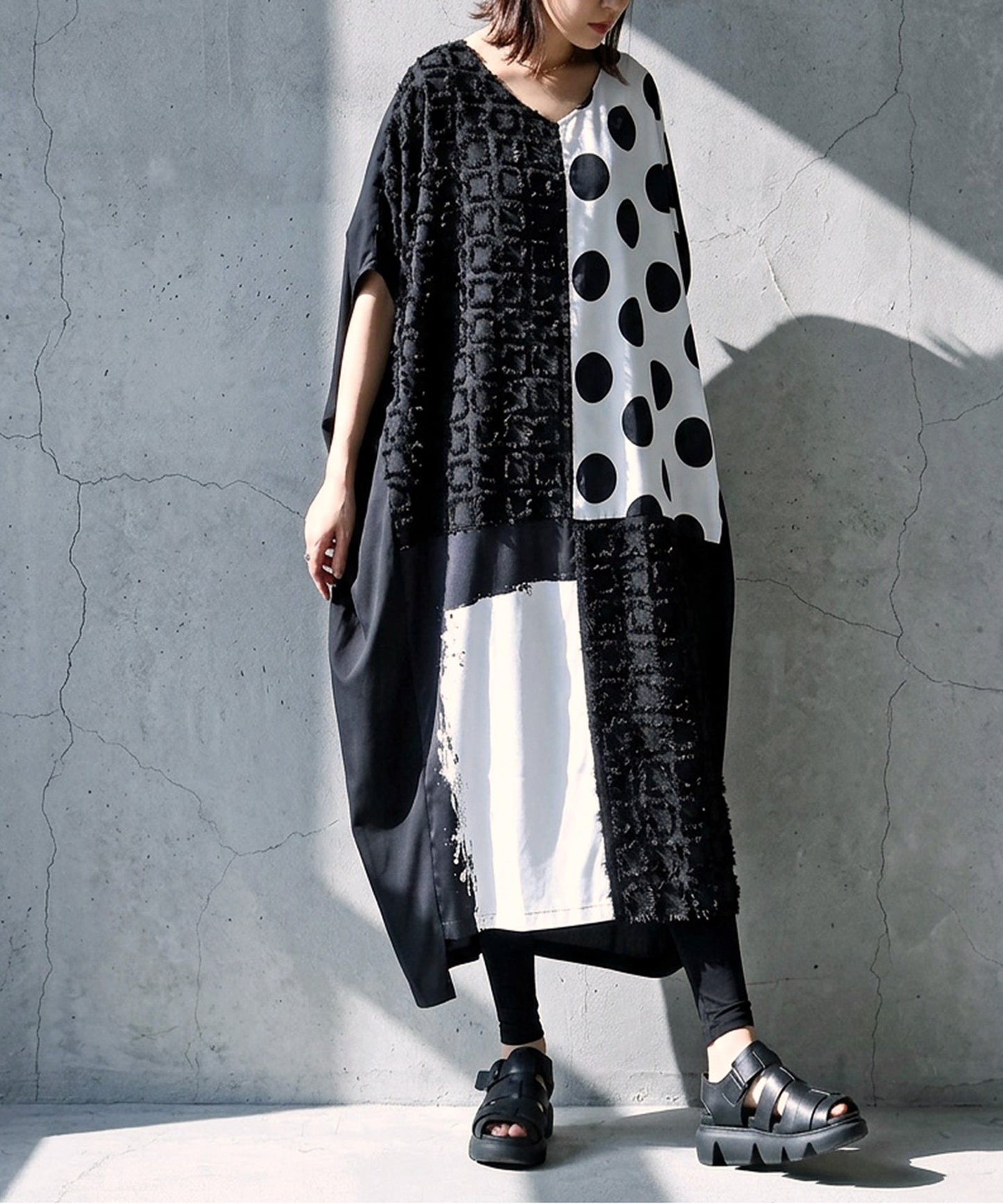Mixed-Material, Polka Dot Pattern, Color-Blocked Dolman Dress Ladies