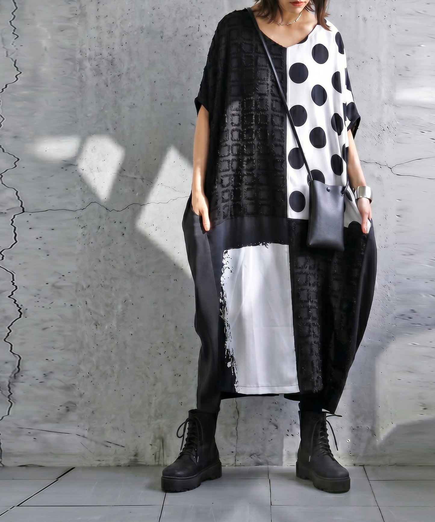 Mixed-Material, Polka Dot Pattern, Color-Blocked Dolman Dress Ladies