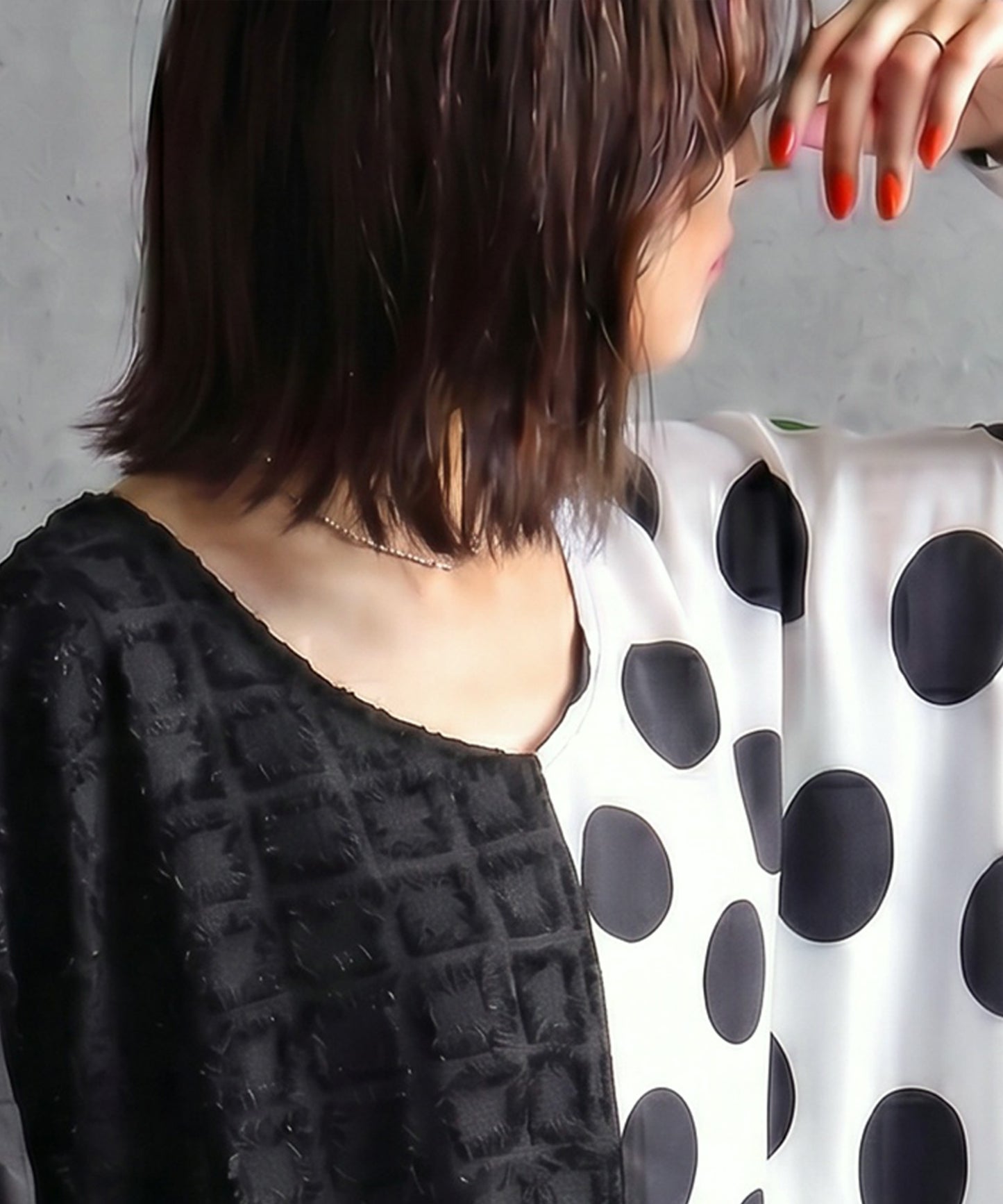Mixed-Material, Polka Dot Pattern, Color-Blocked Dolman Dress Ladies