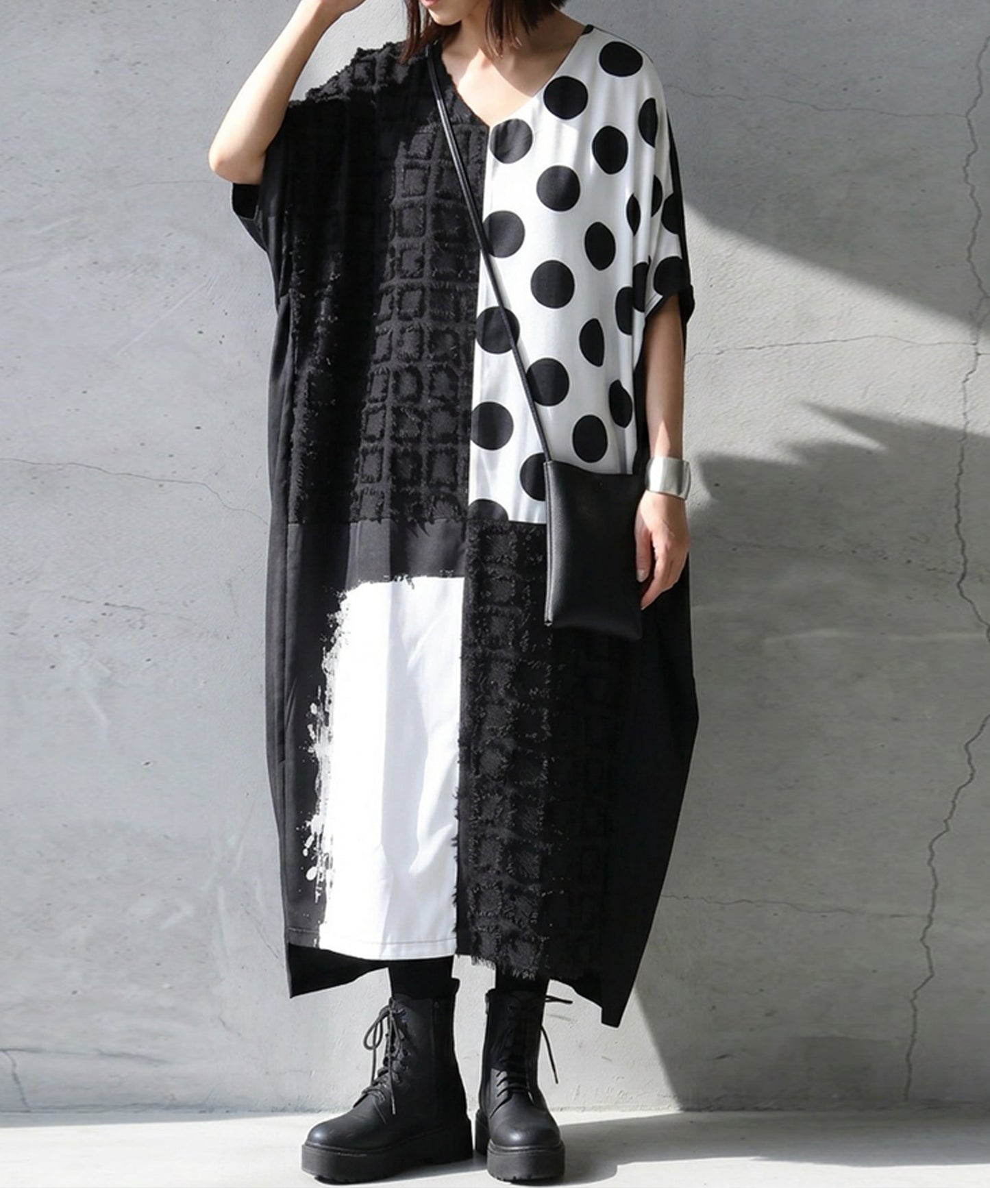 Mixed-Material, Polka Dot Pattern, Color-Blocked Dolman Dress Ladies