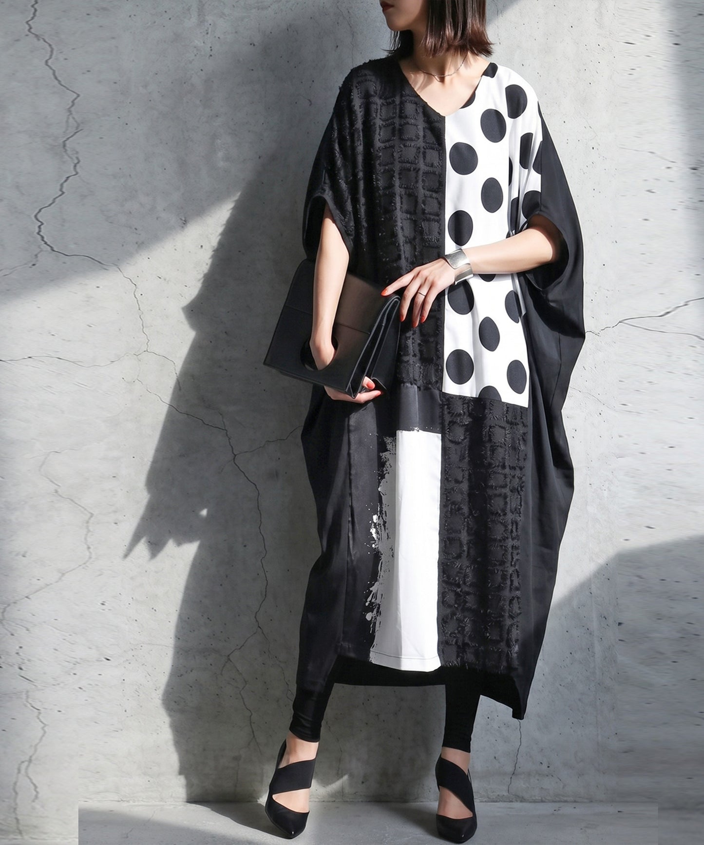 Mixed-Material, Polka Dot Pattern, Color-Blocked Dolman Dress Ladies
