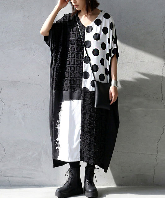 Mixed-Material, Polka Dot Pattern, Color-Blocked Dolman Dress Ladies