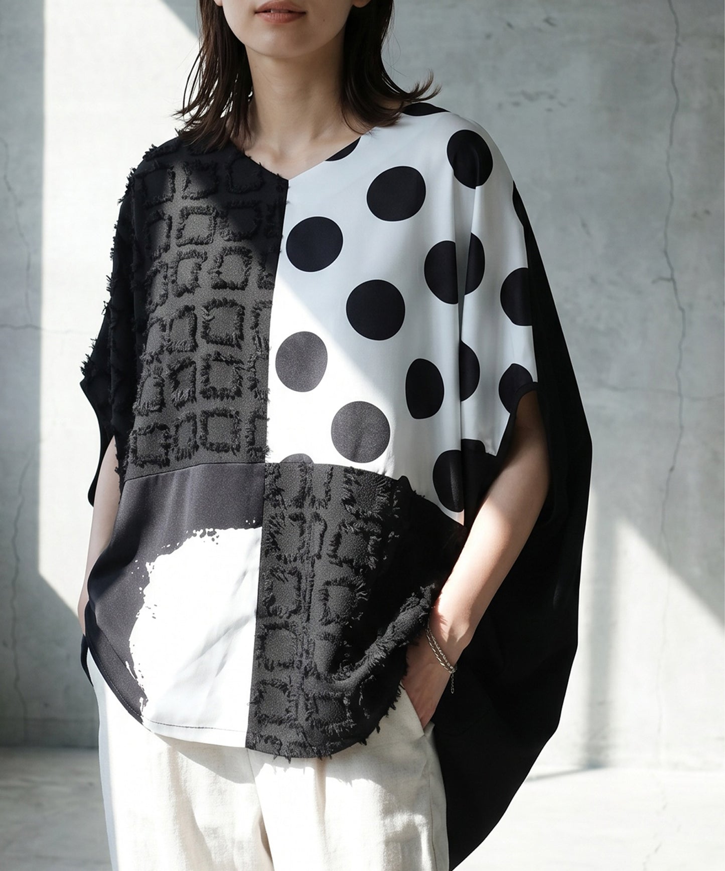 Polka Dot Pattern Mixed Material Dolman Top Ladies