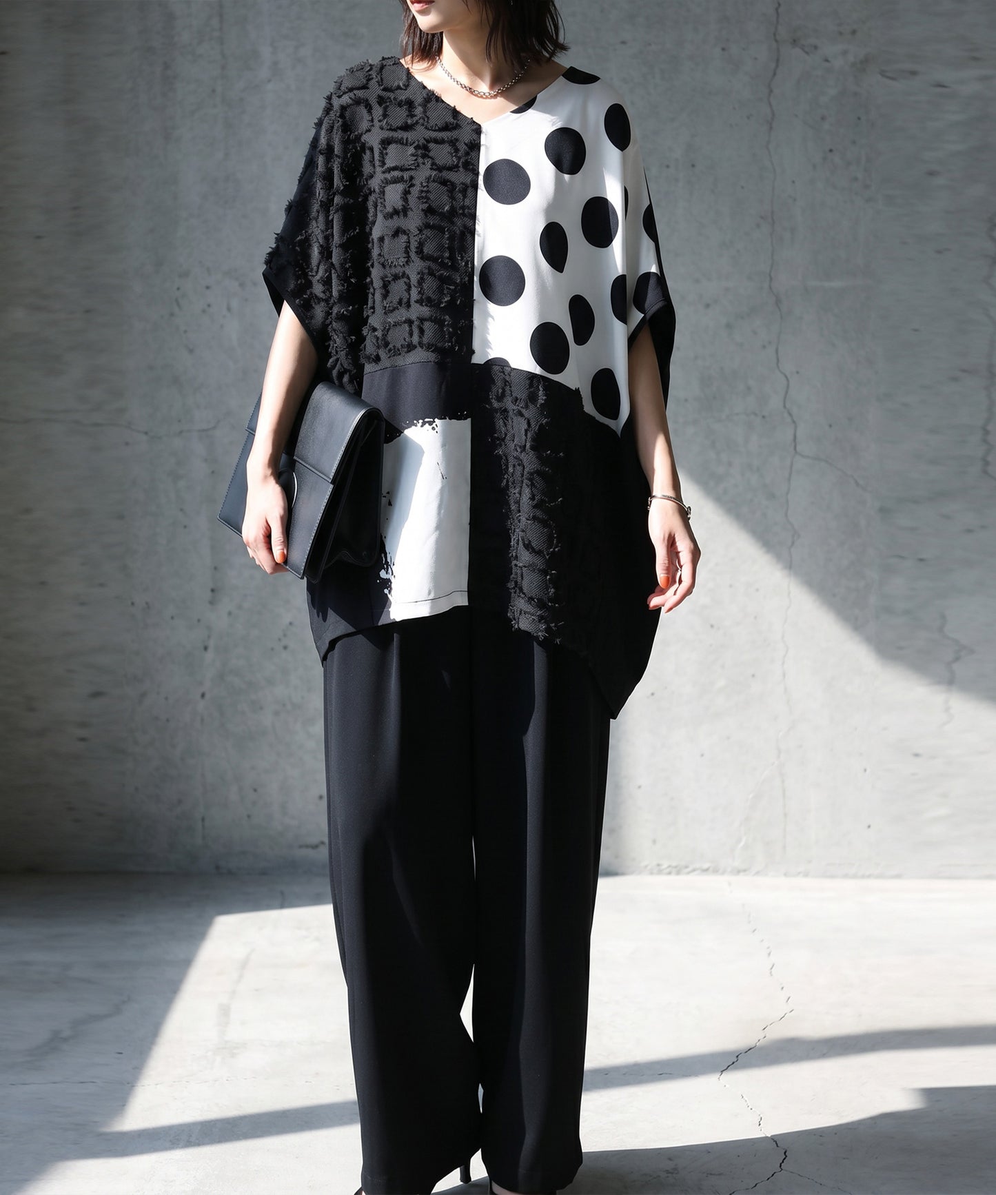 Polka Dot Pattern Mixed Material Dolman Top Ladies