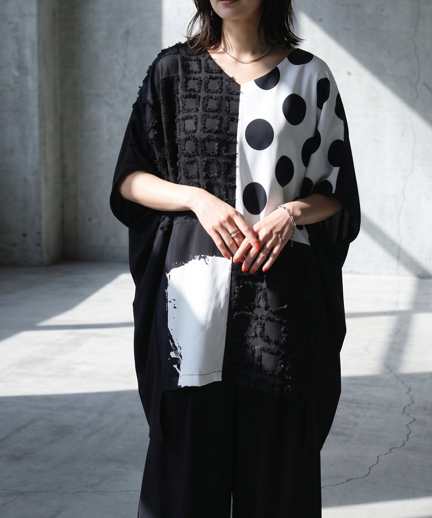 Polka Dot Pattern Mixed Material Dolman Top Ladies