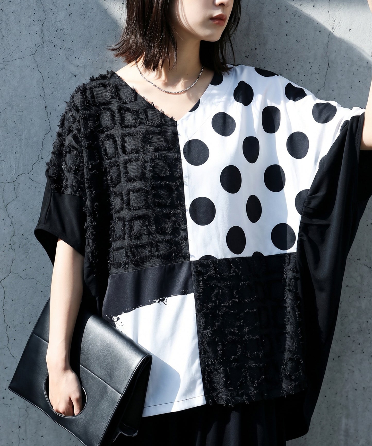 Polka Dot Pattern Mixed Material Dolman Top Ladies