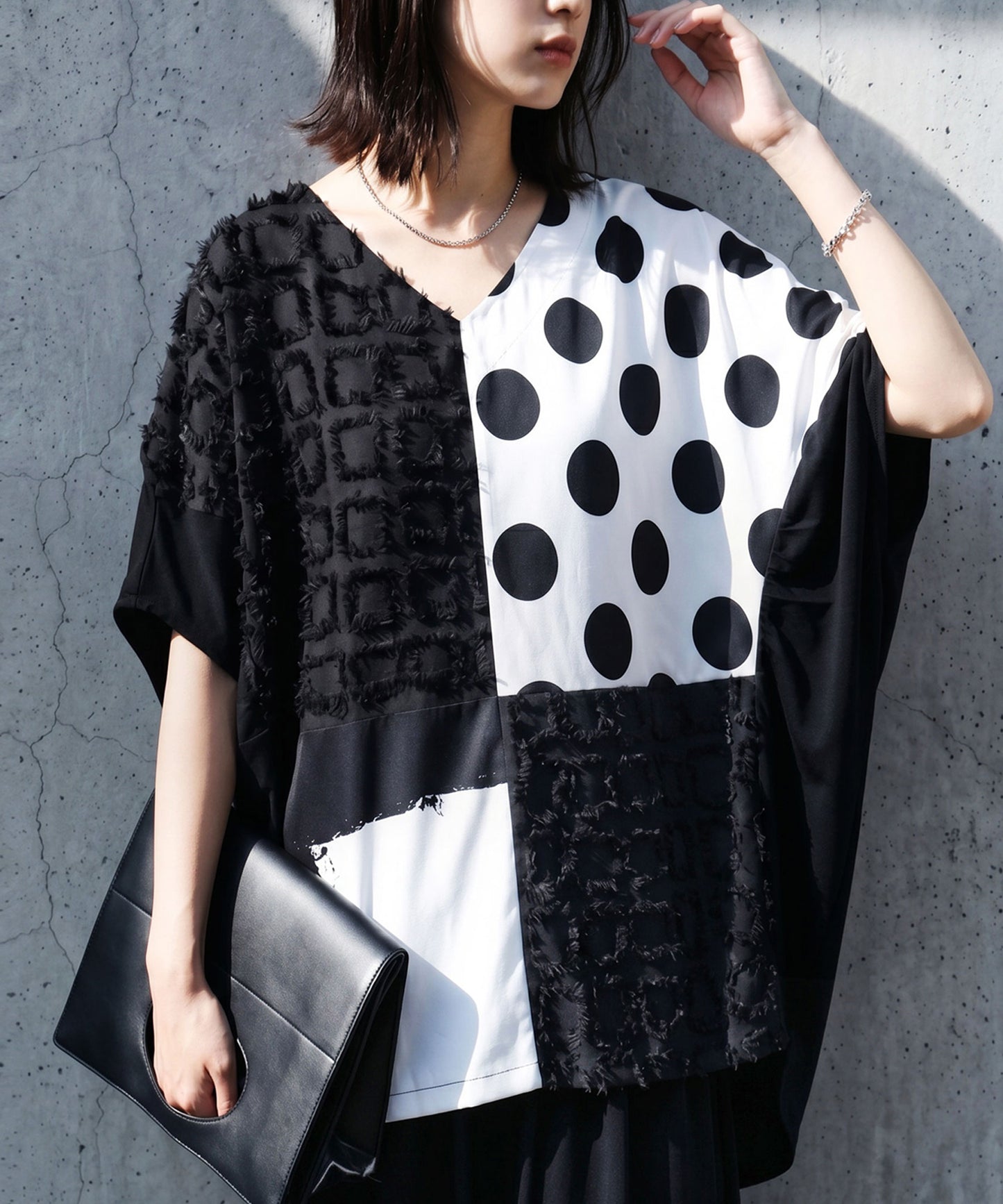 Polka Dot Pattern Mixed Material Dolman Top Ladies