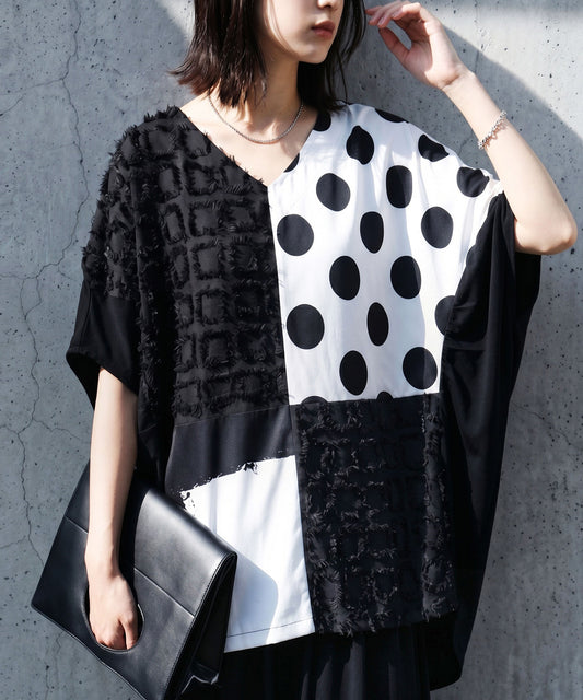 Polka Dot Pattern Mixed Material Dolman Top Ladies