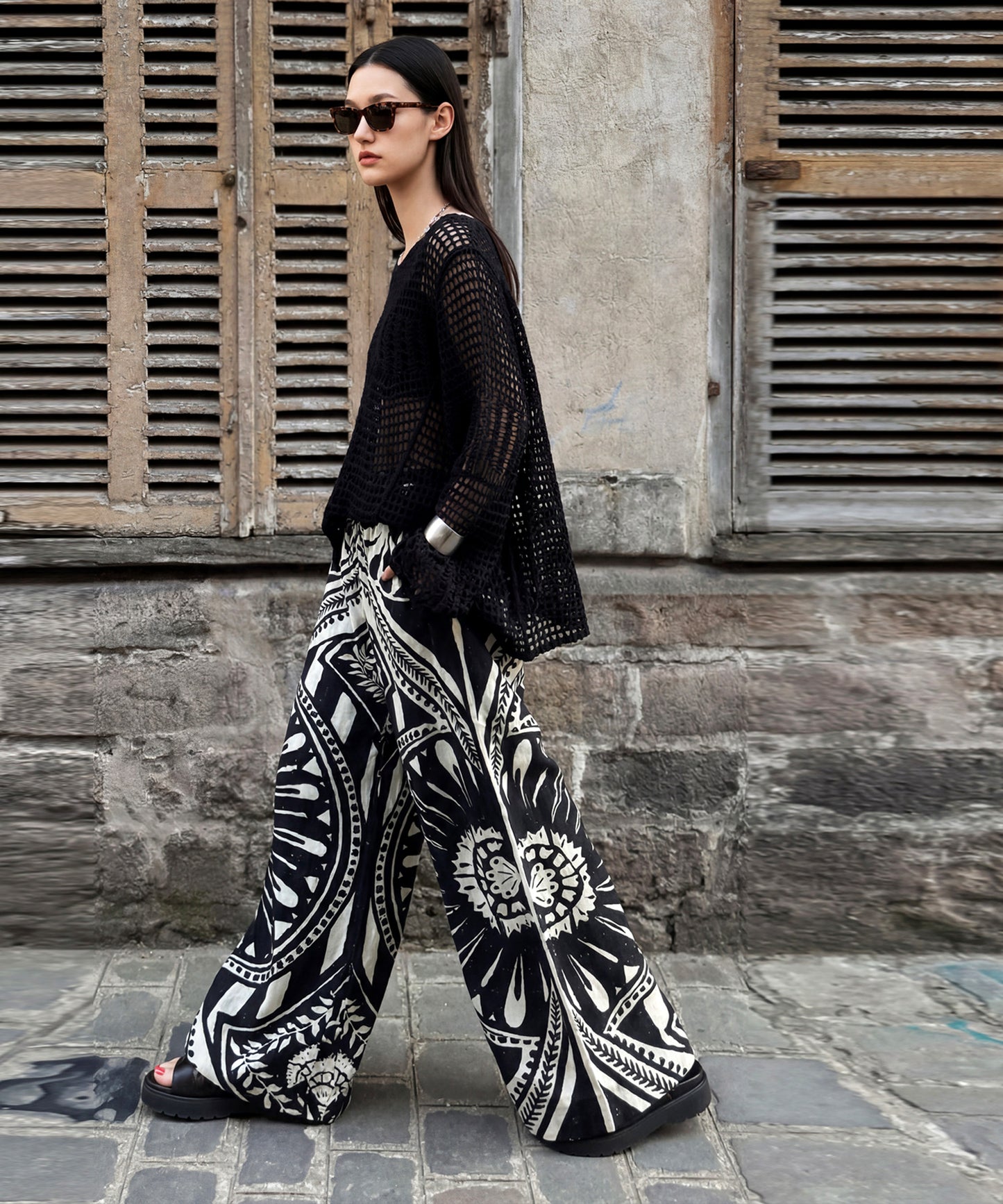 NUUUII 100% Cotton Ethnic Pattern Geometric Dobby Weave Wide Pants Ladies