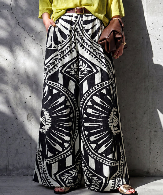 NUUUII 100% Cotton Ethnic Pattern Geometric Dobby Weave Wide Pants Ladies