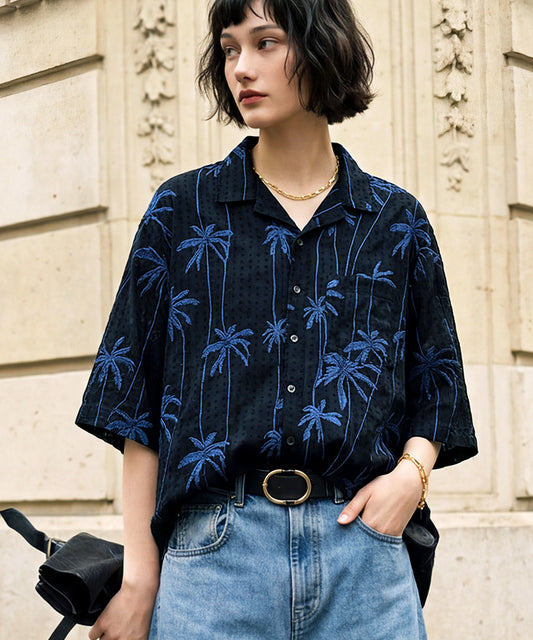 NUUUII 100% Cotton Dobby Weave Shirt With Palm Tree Embroidery Ladies