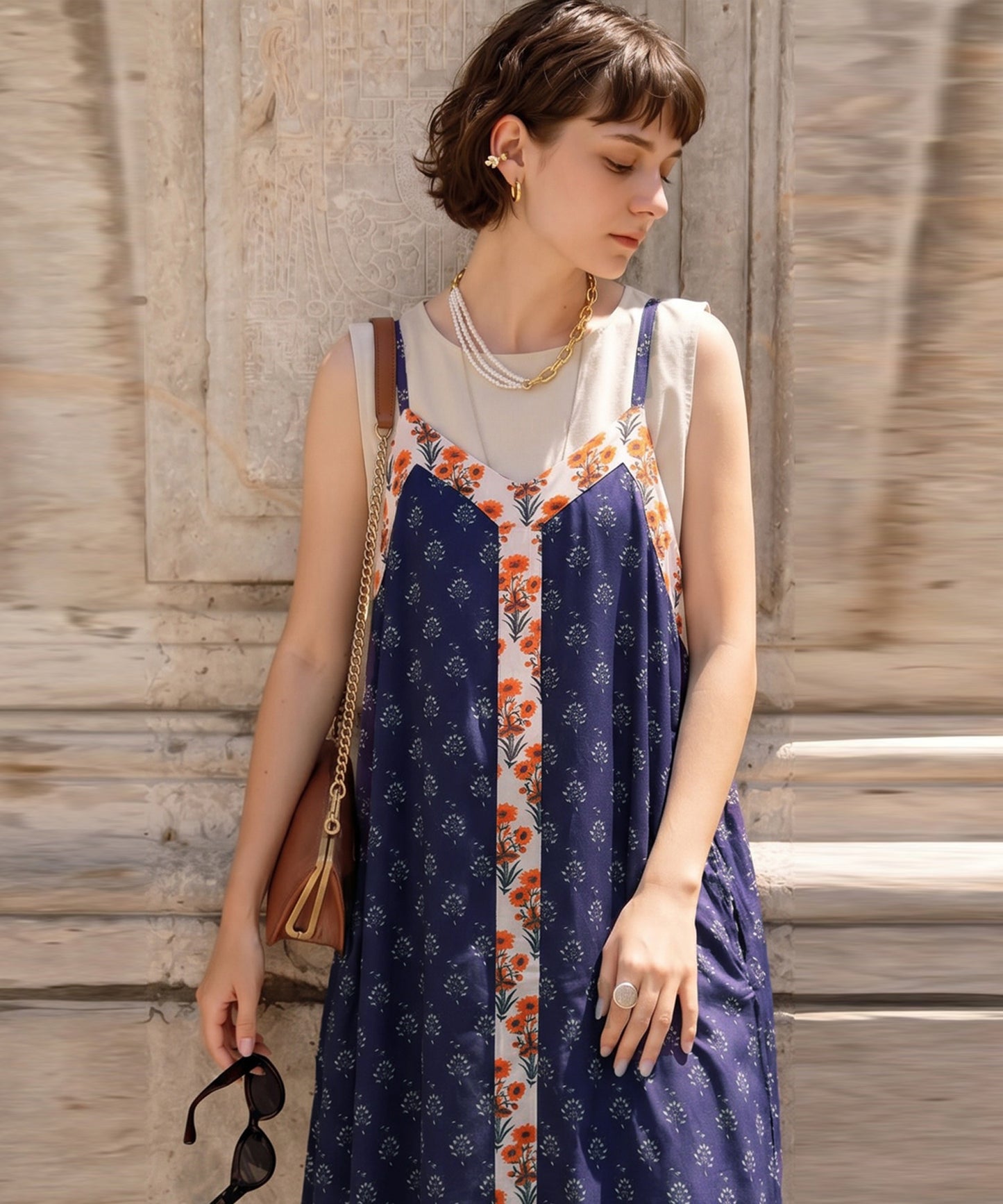 NUUUII A-Line Sleeveless Retro Print Camisole Dress With Adjustable Drawstring Ladies