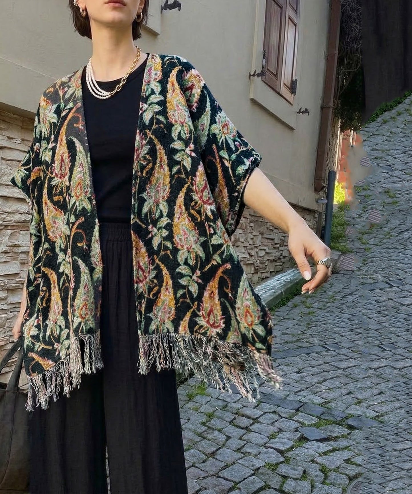 Fringe Floral Poncho Ladies