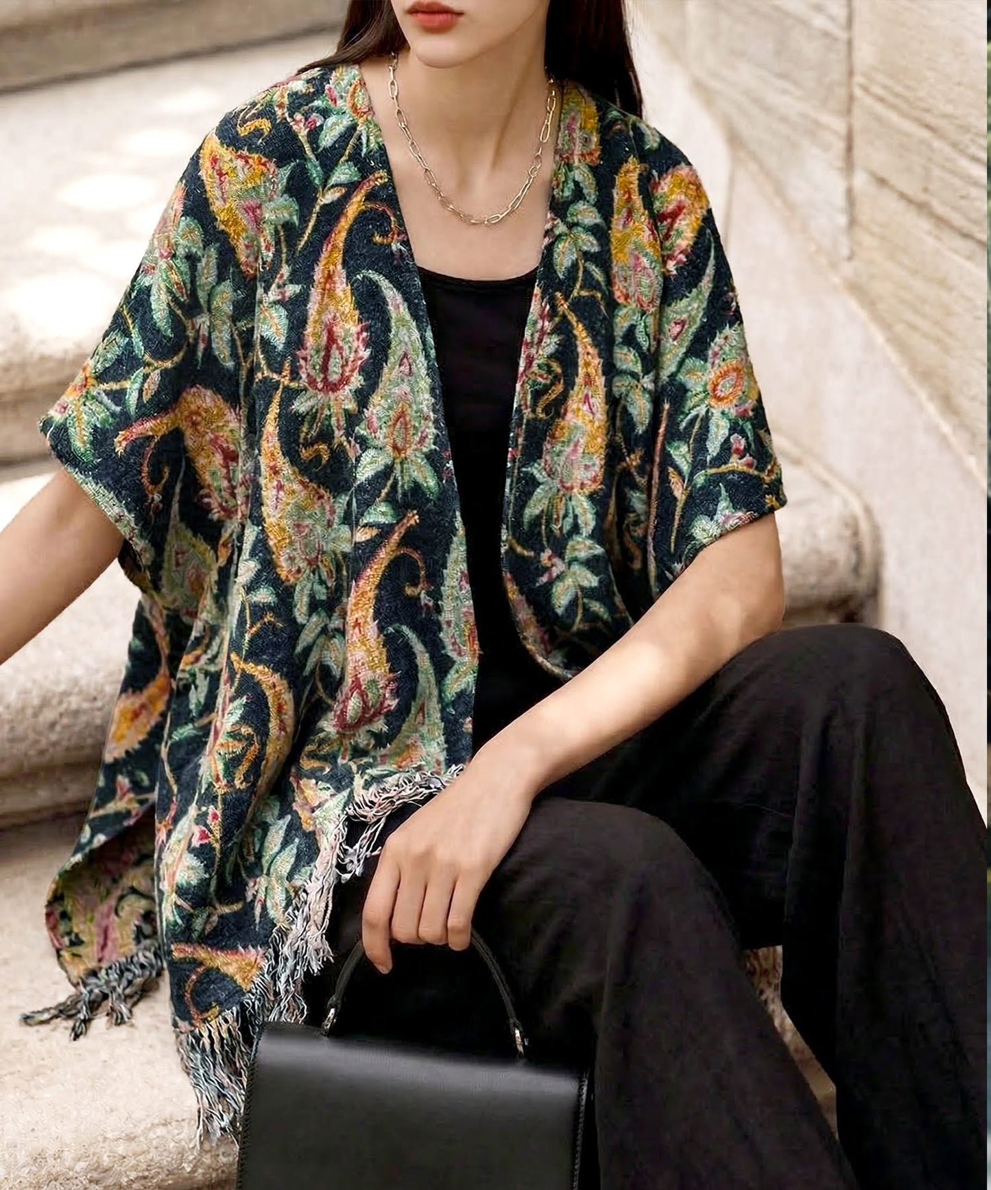 Fringe Floral Poncho Ladies