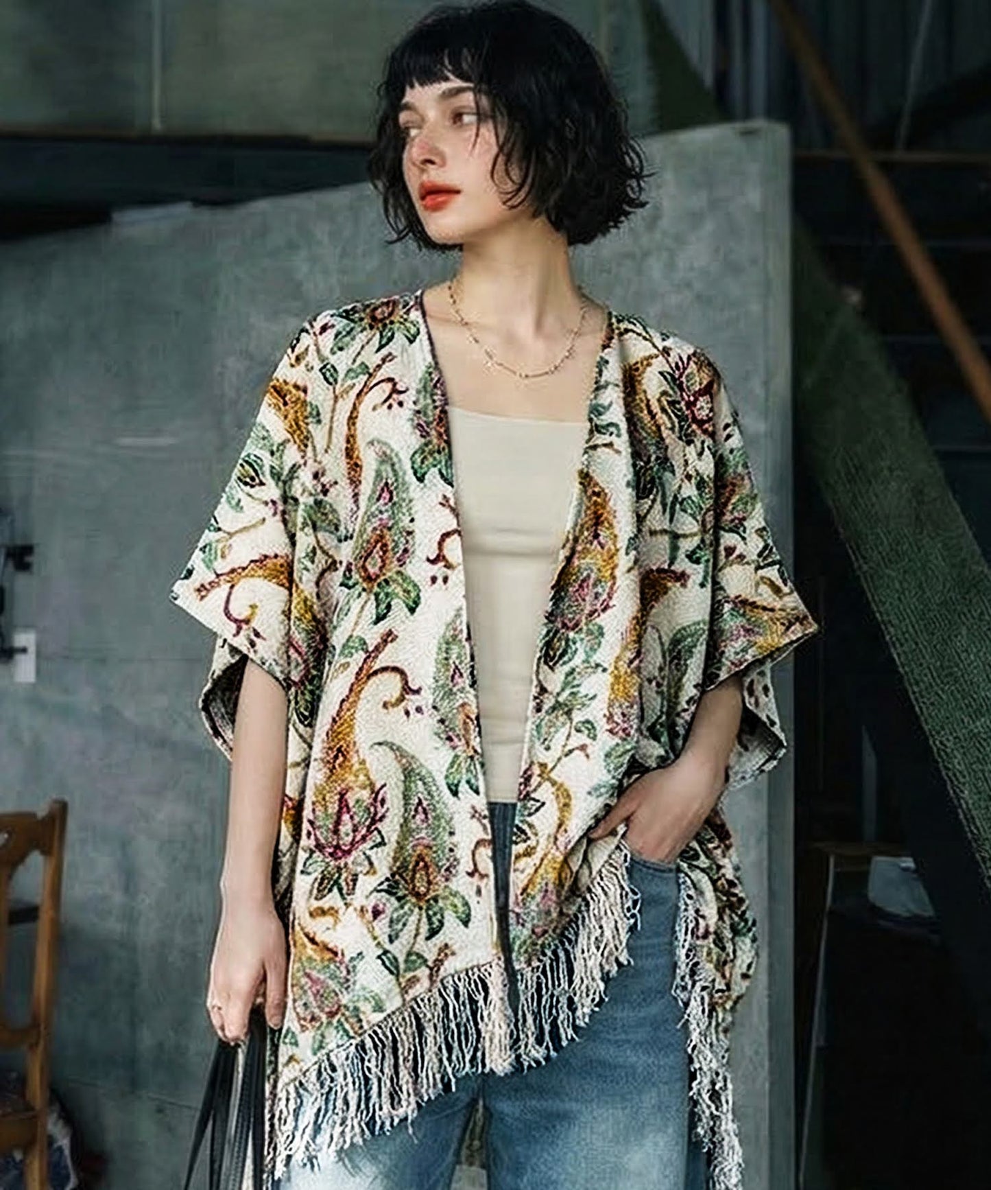 Fringe Floral Poncho Ladies