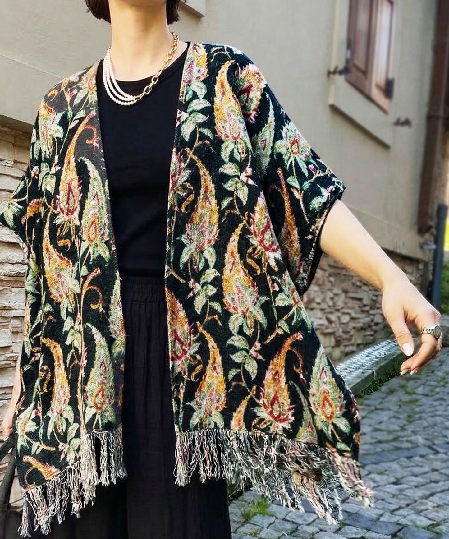 Fringe Floral Poncho Ladies