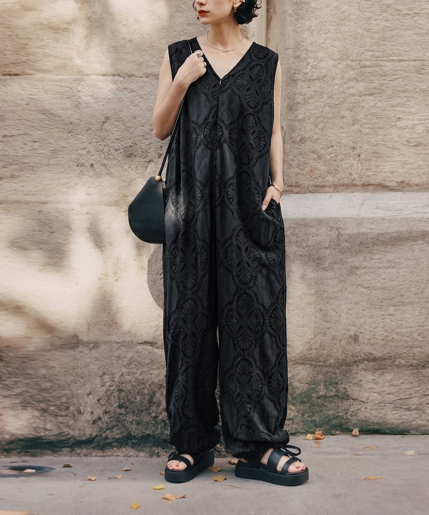 NUUUII V-Neck Lace Wide-Leg All-In-One Ladies
