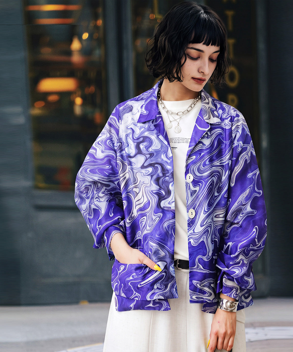 NUUUII Marble Pattern Open Collar Shirt Jacket Ladies