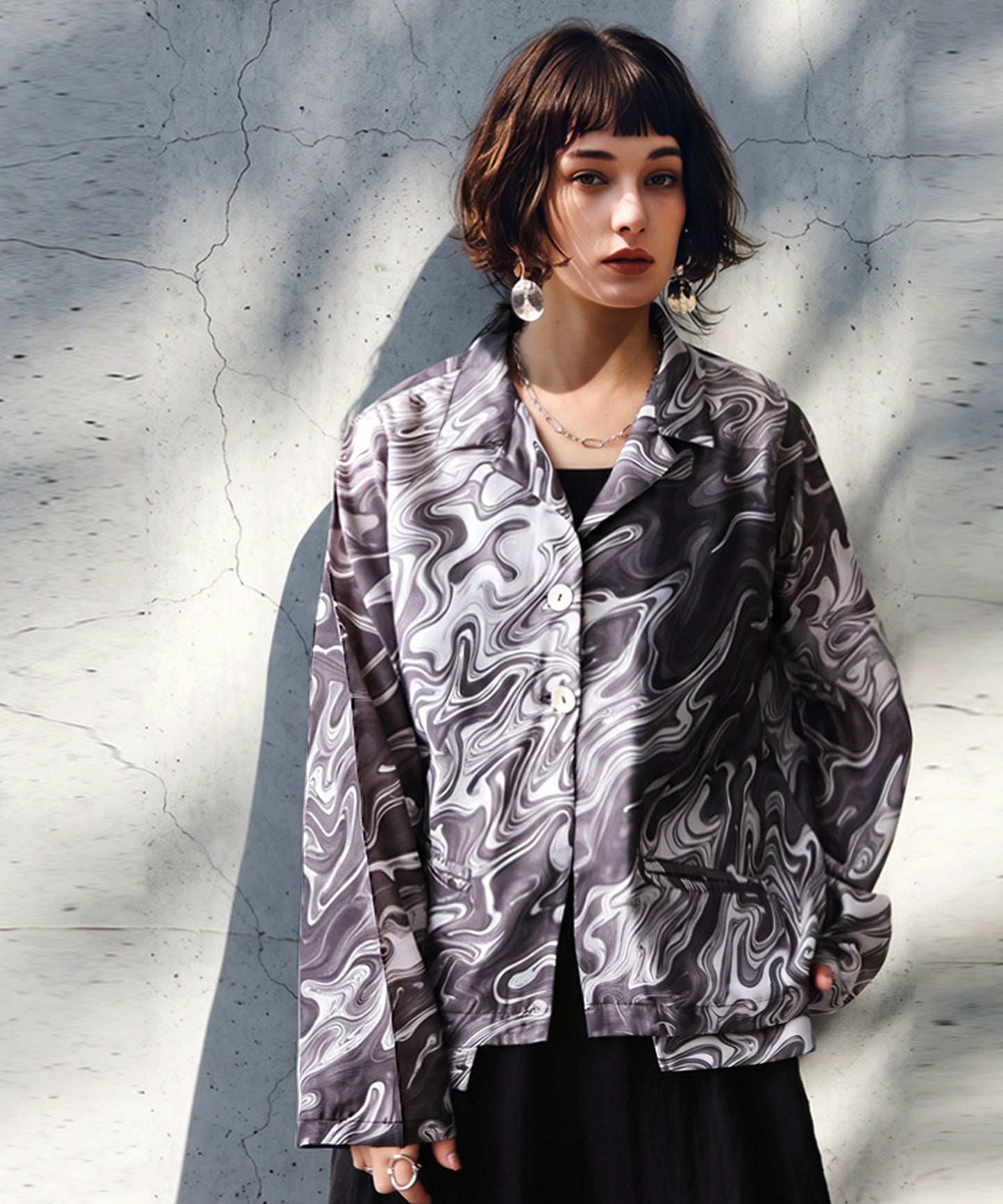 NUUUII Marble Pattern Open Collar Shirt Jacket Ladies