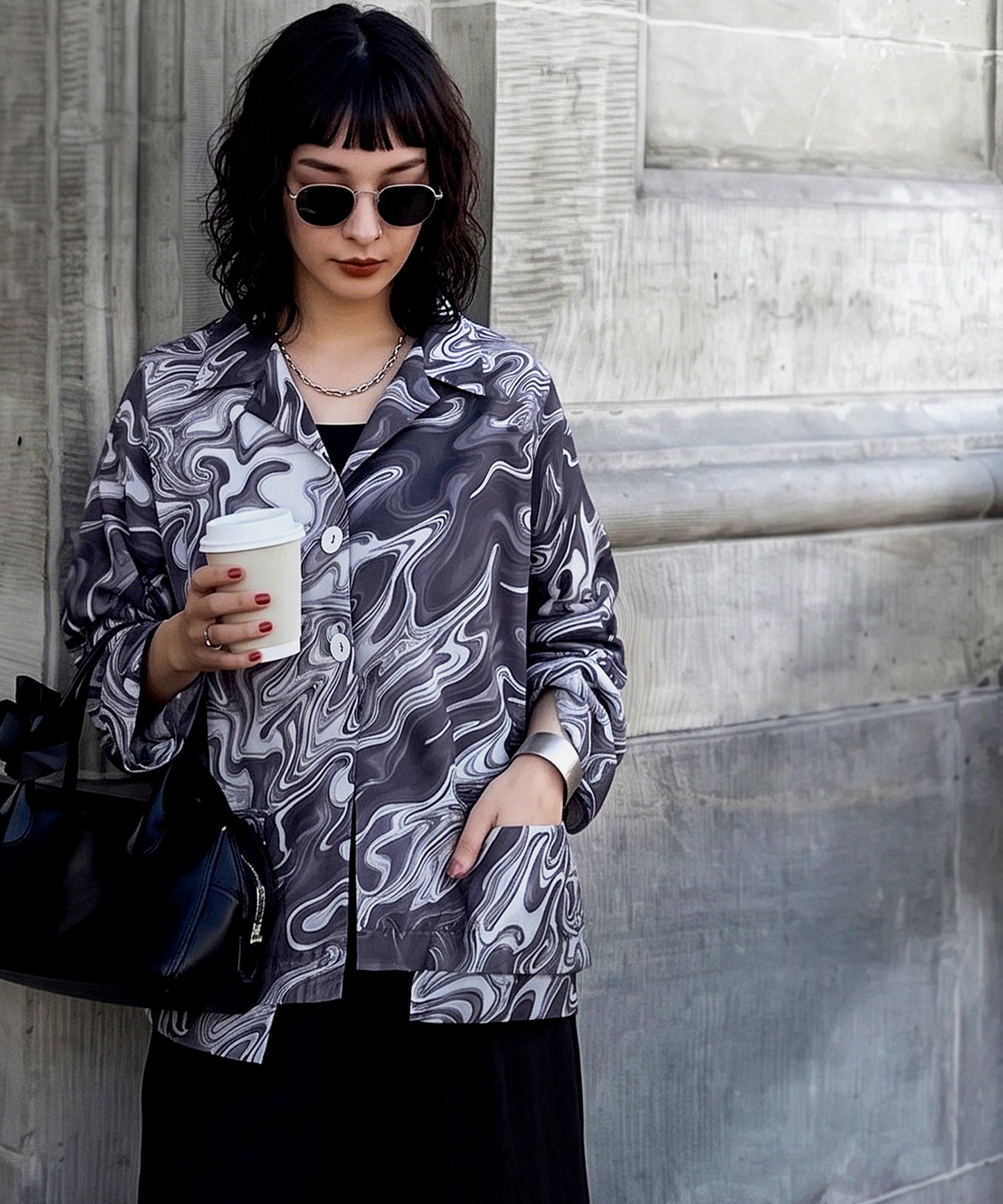 NUUUII Marble Pattern Open Collar Shirt Jacket Ladies