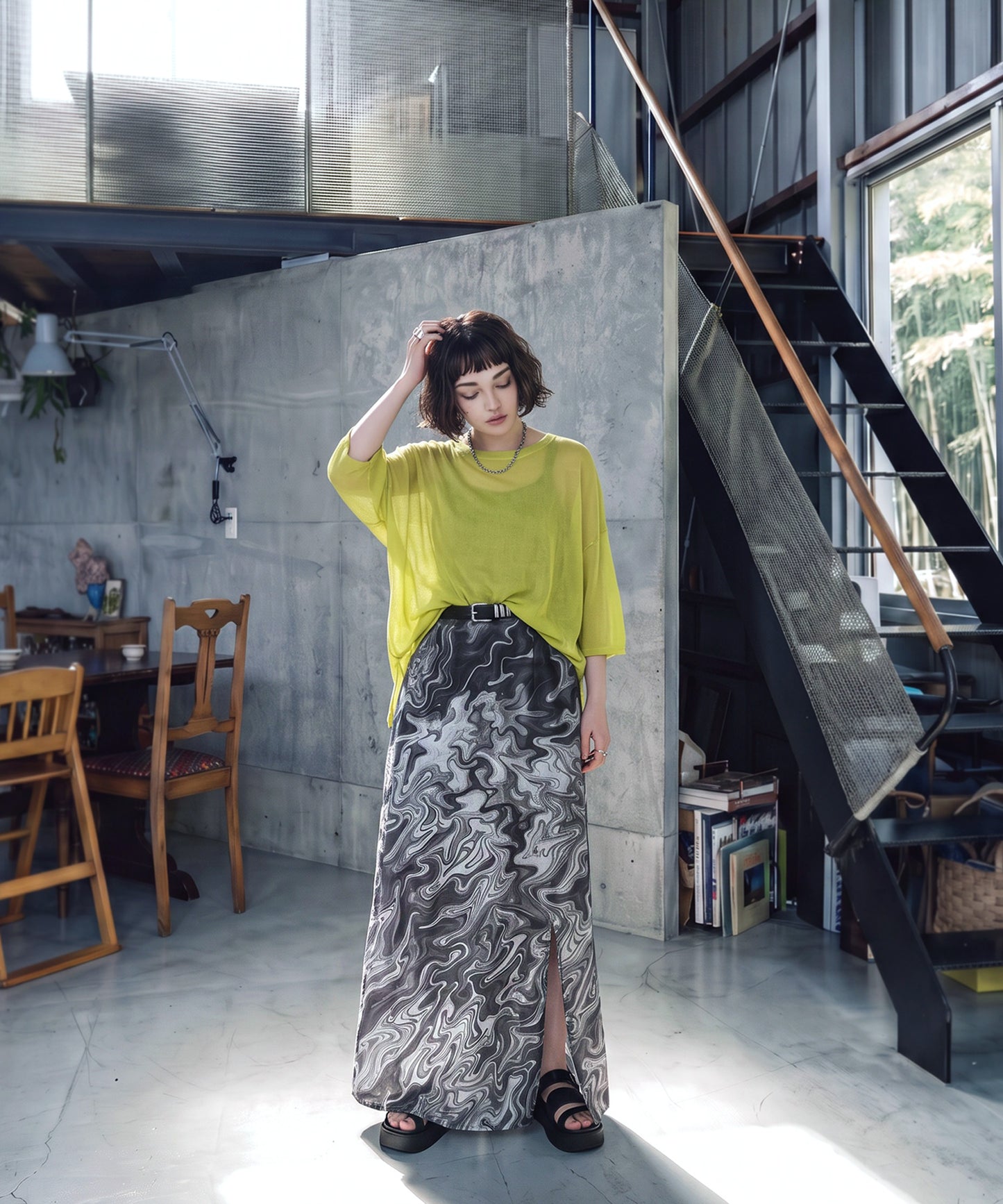 NUUUII Marble Pattern Slit Long Skirt Ladies