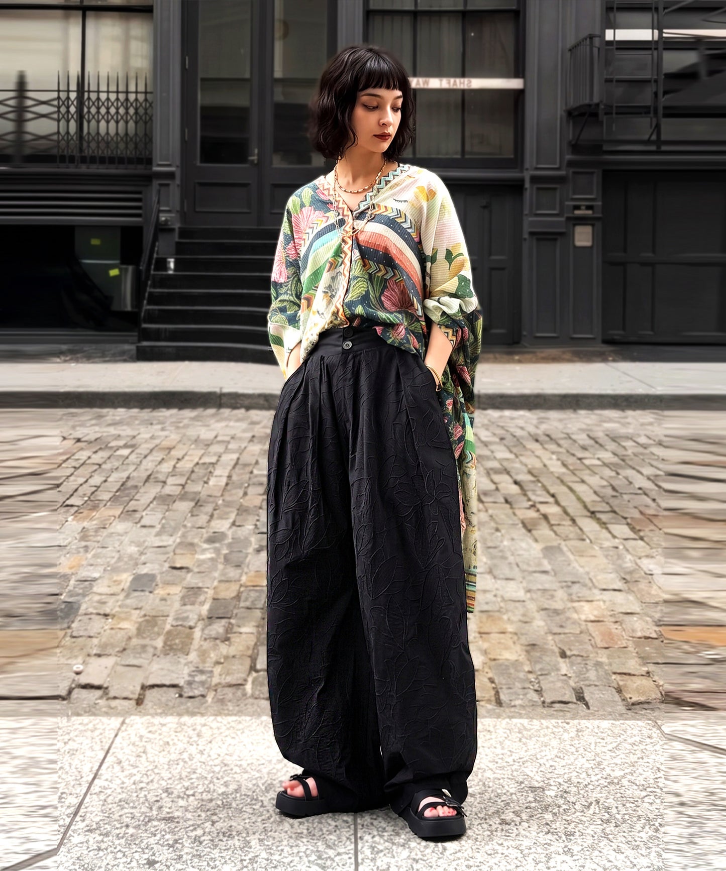 NUUUII Floral Embroidered Wide-Leg Pants With Pleats Ladies