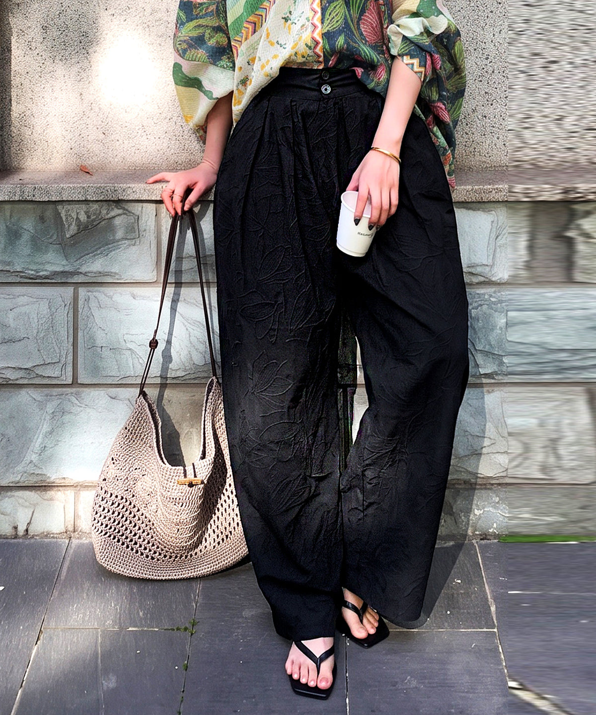 NUUUII Floral Embroidered Wide-Leg Pants With Pleats Ladies