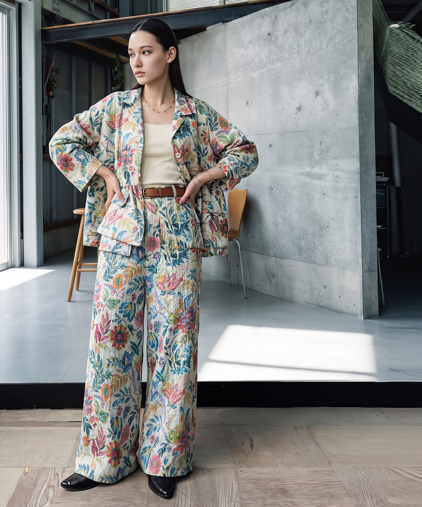 NUUUII 100% Cotton Botanical Floral Wide-Leg Pants Ladies