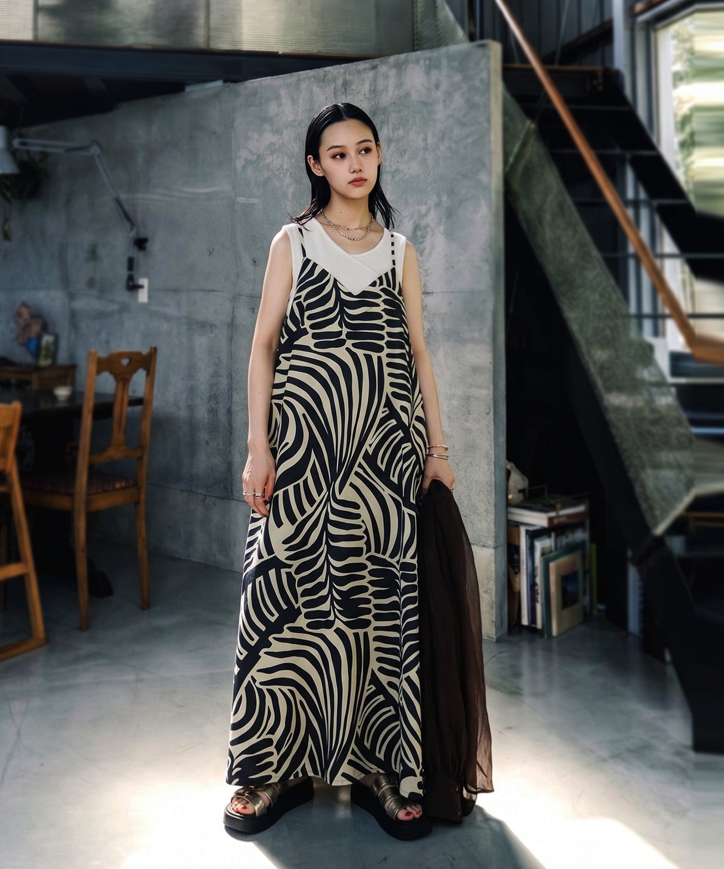 NUUUII Leaf Print Zebra Print Cotton Linen Flared Camisole Dress Ladies