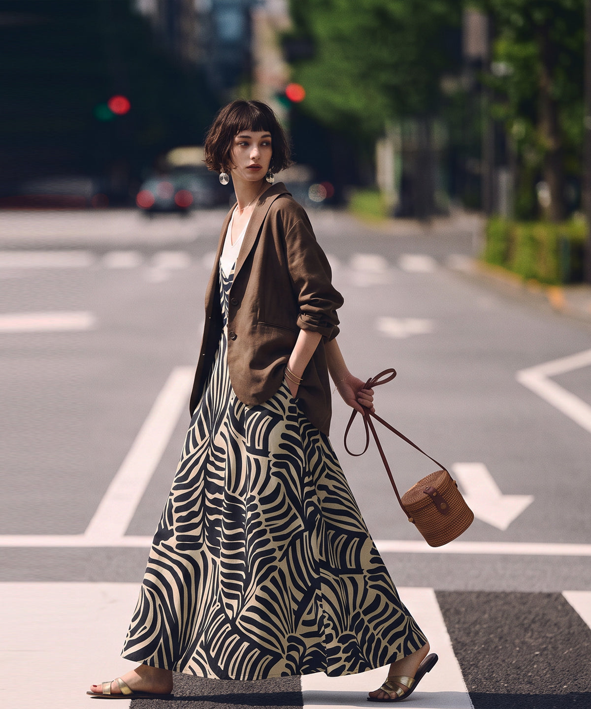NUUUII Leaf Print Zebra Print Cotton Linen Flared Camisole Dress Ladies
