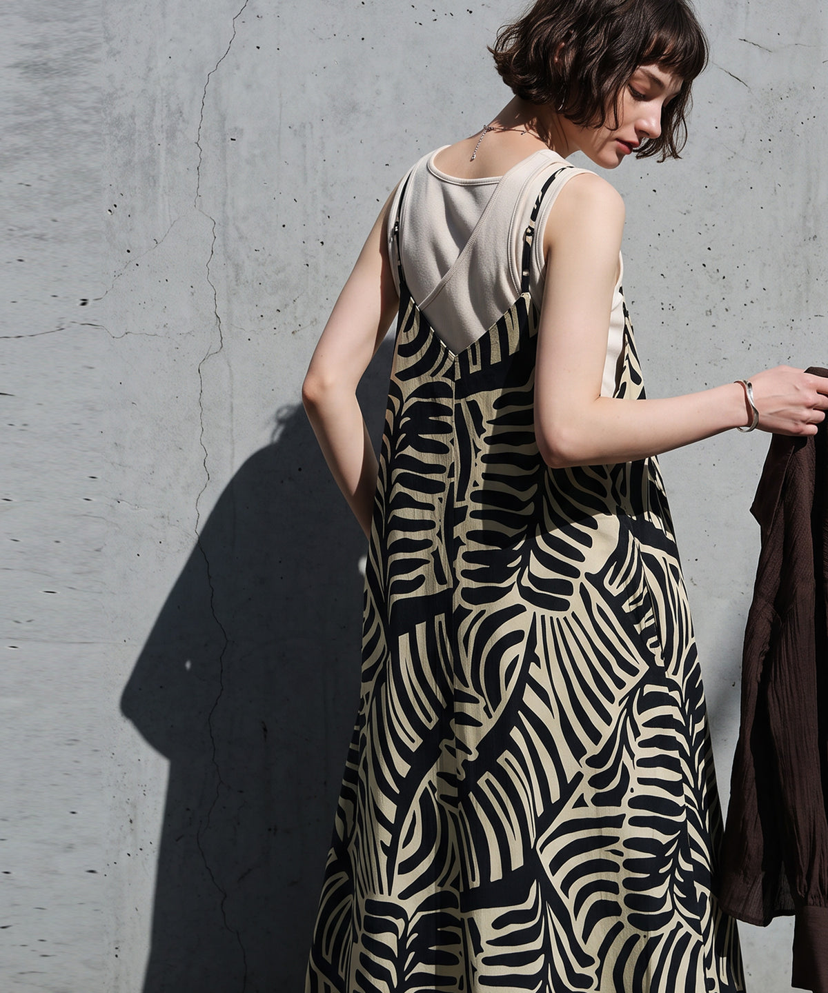 NUUUII Leaf Print Zebra Print Cotton Linen Flared Camisole Dress Ladies