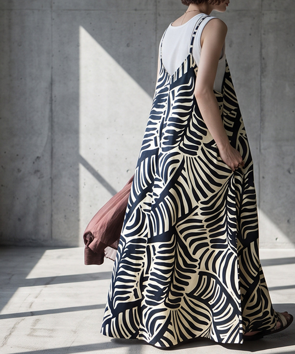 NUUUII Leaf Print Zebra Print Cotton Linen Flared Camisole Dress Ladies