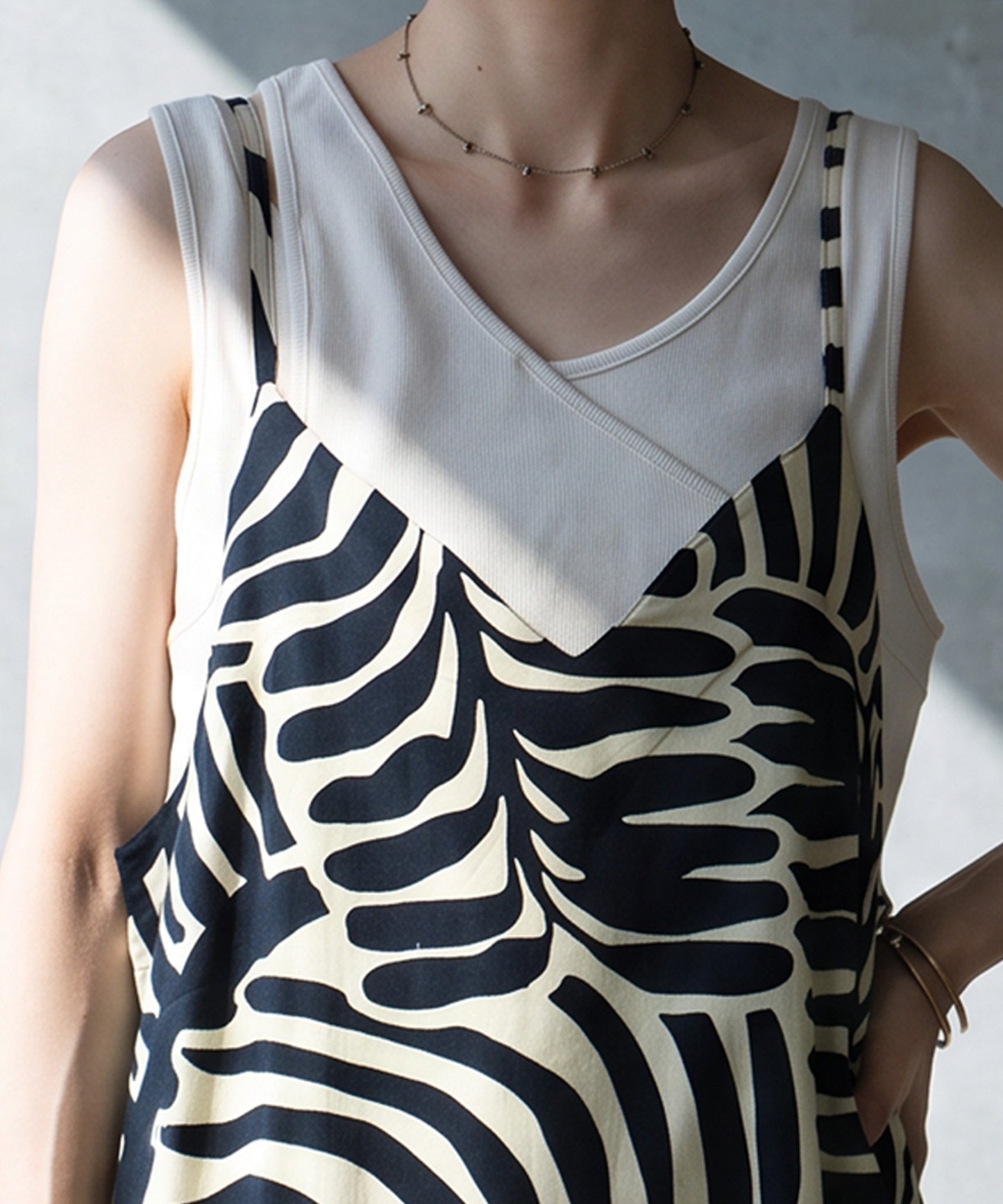 NUUUII Leaf Print Zebra Print Cotton Linen Flared Camisole Dress Ladies