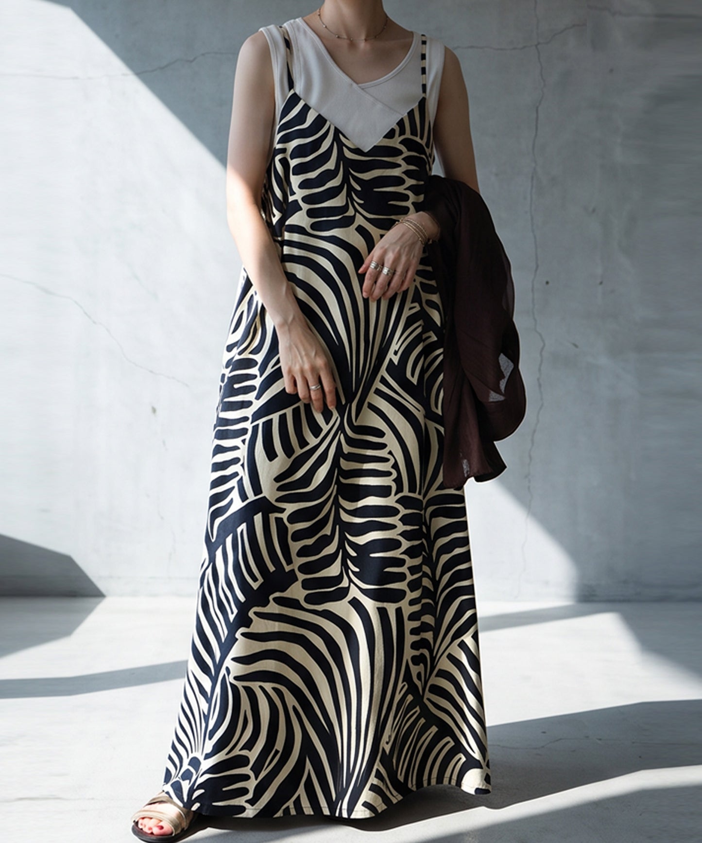 NUUUII Leaf Print Zebra Print Cotton Linen Flared Camisole Dress Ladies