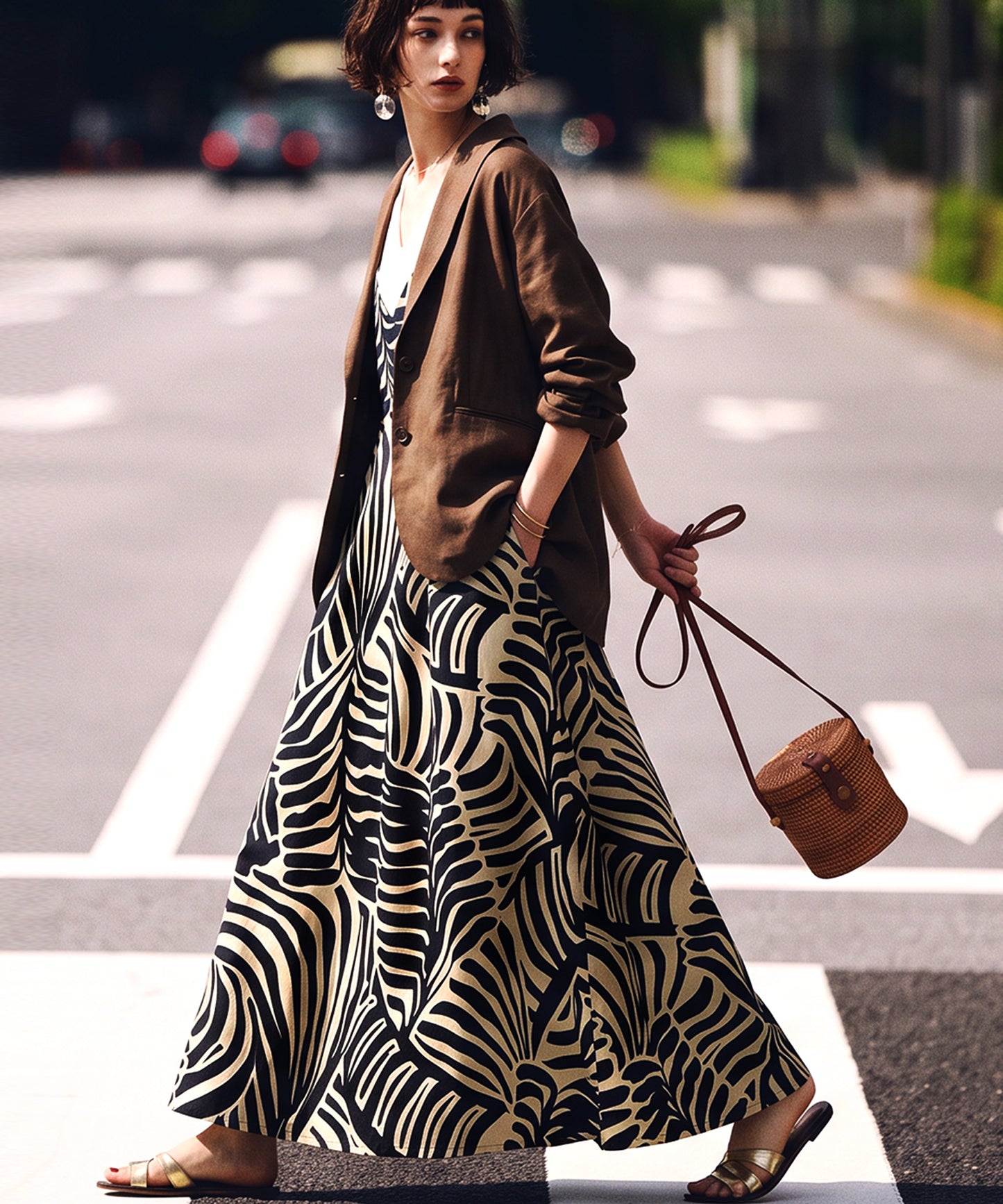 NUUUII Leaf Print Zebra Print Cotton Linen Flared Camisole Dress Ladies