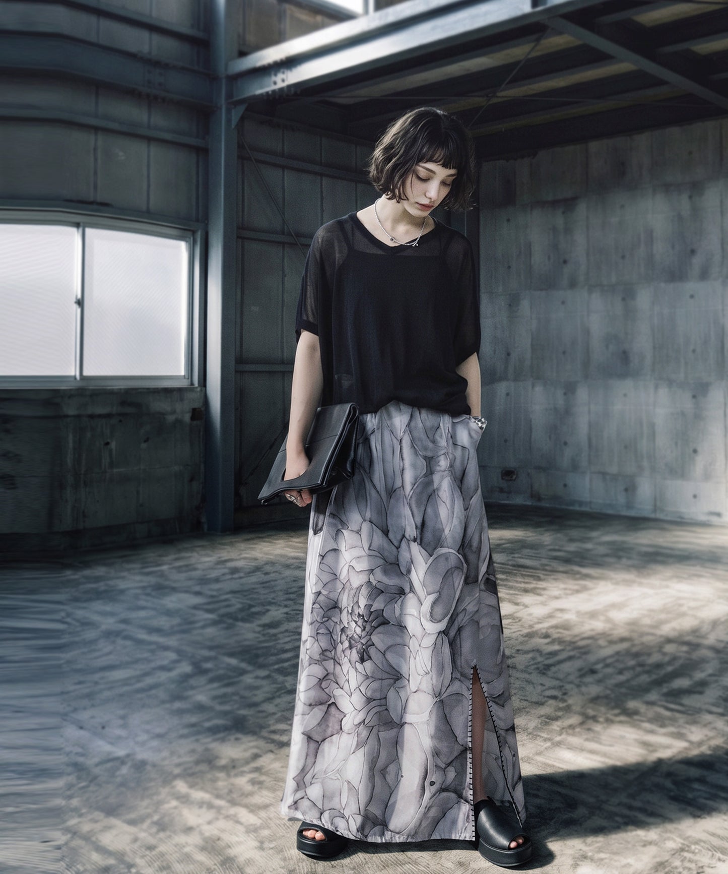 NUUUII Watercolor Floral Print Long Skirt With Front Slit Ladies