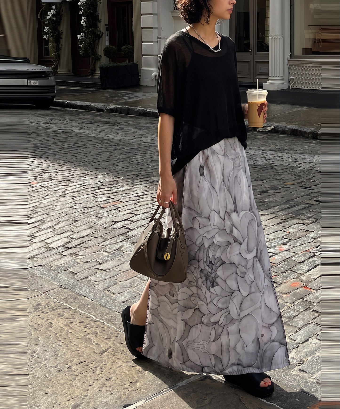 NUUUII Watercolor Floral Print Long Skirt With Front Slit Ladies
