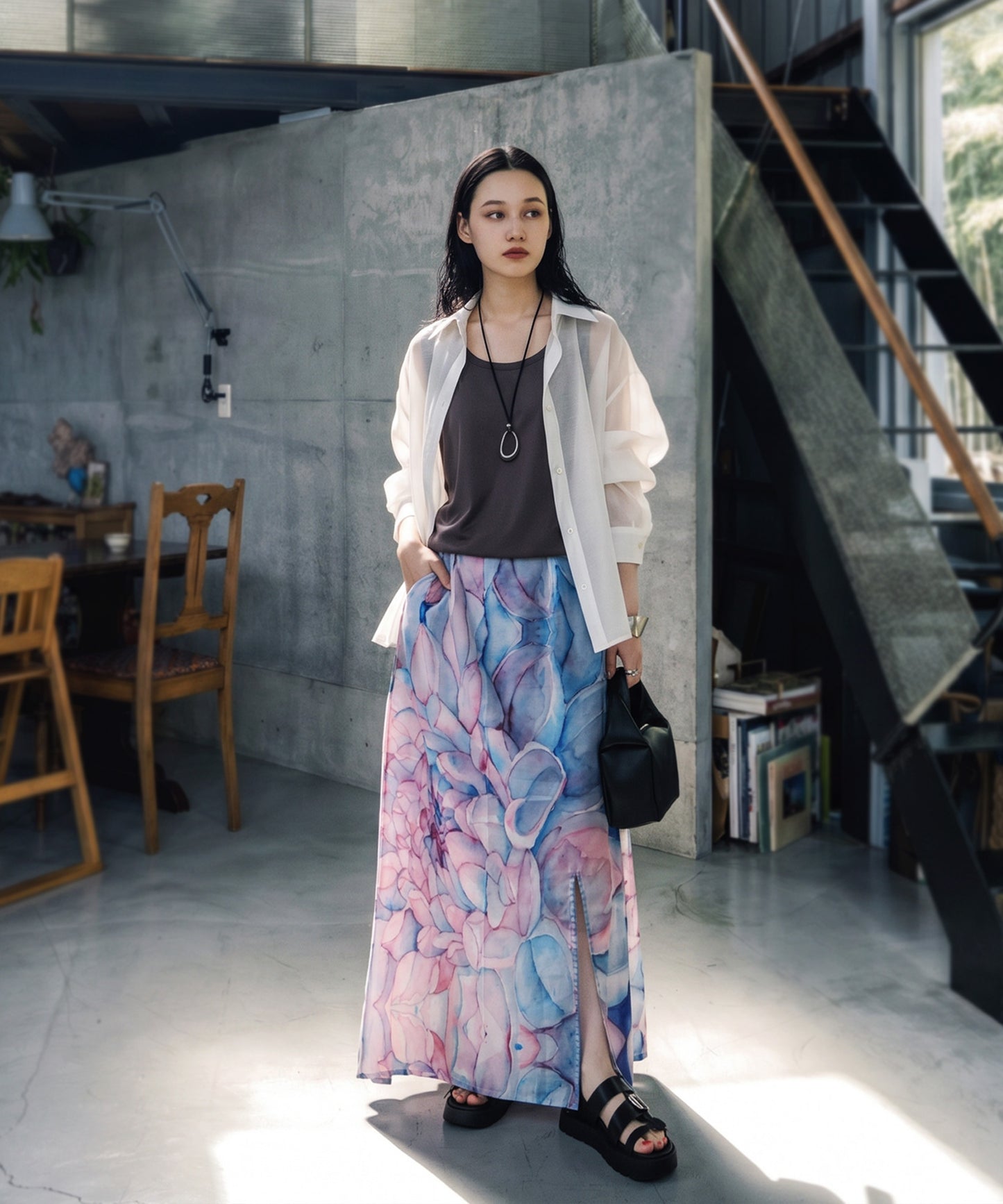 NUUUII Watercolor Floral Print Long Skirt With Front Slit Ladies