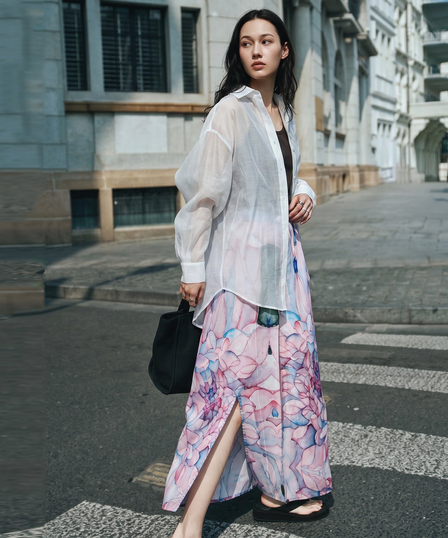 NUUUII Watercolor Floral Print Long Skirt With Front Slit Ladies