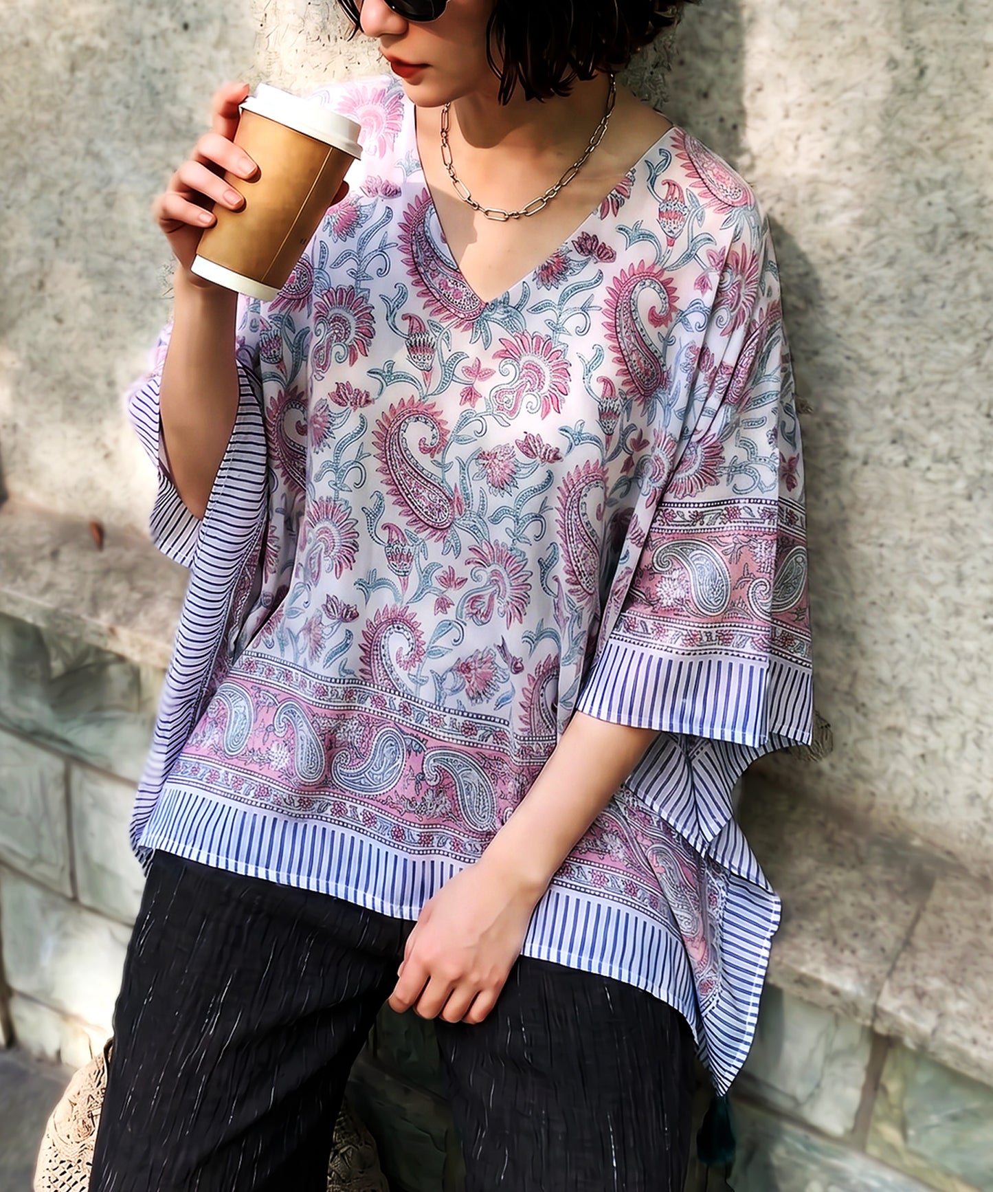 NUUUII All-Over Print, 100% Cotton, Paisley Pattern Poncho Blouse Ladies