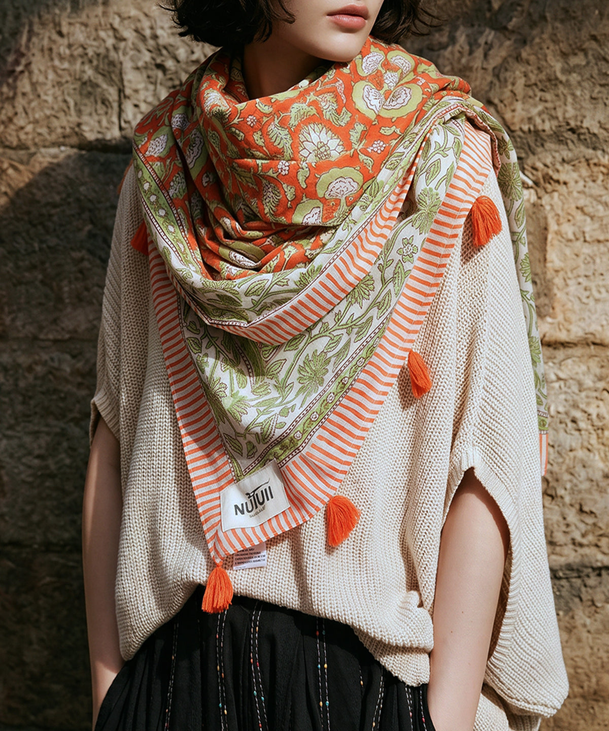 NUUUII Large-Size Botanical Print 100% Cotton Stole With Tassels Ladies