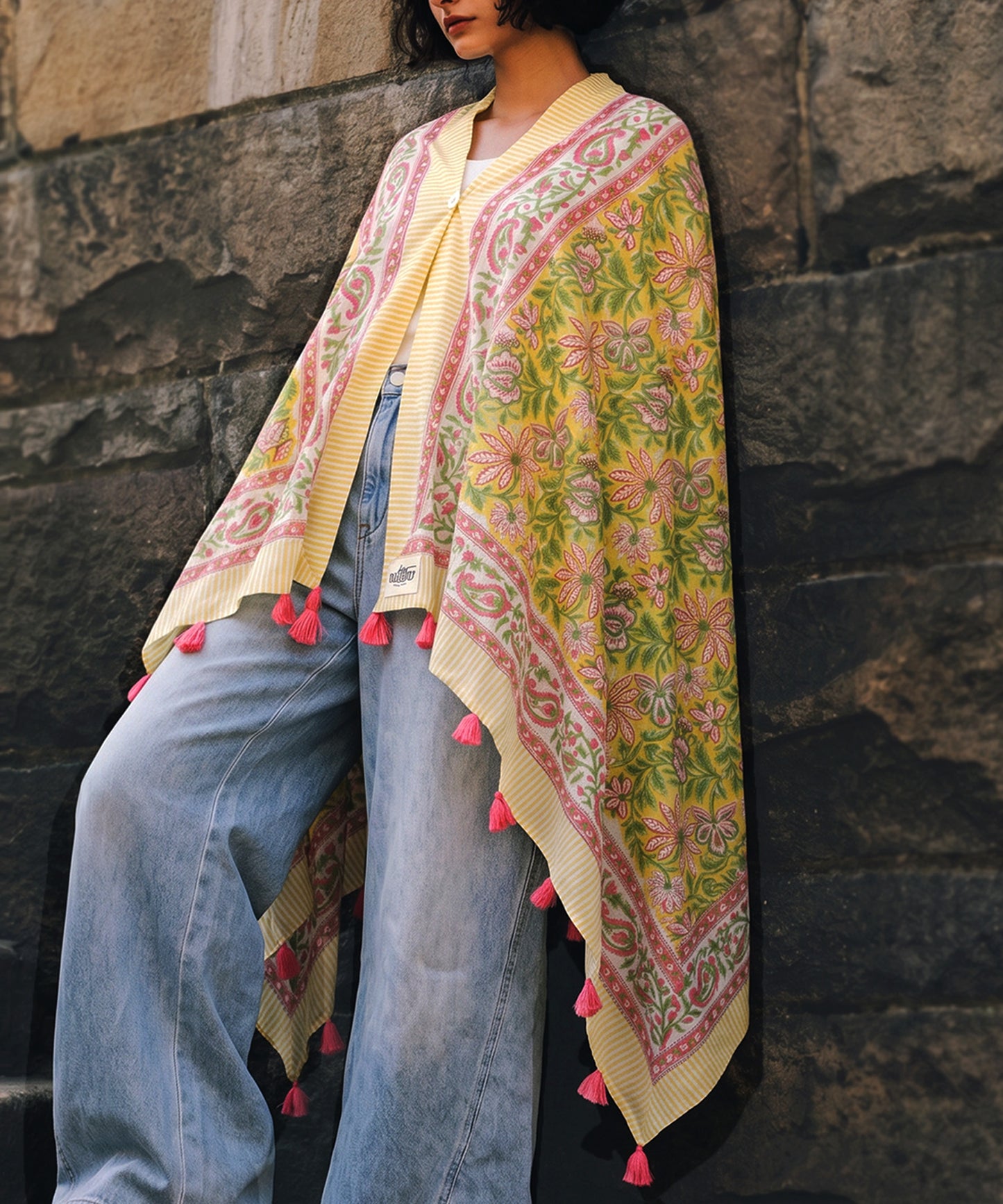 NUUUII Large-Size Botanical Print 100% Cotton Stole With Tassels Ladies