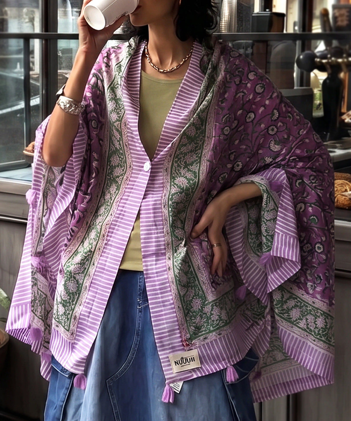 NUUUII Large-Size Botanical Print 100% Cotton Stole With Tassels Ladies