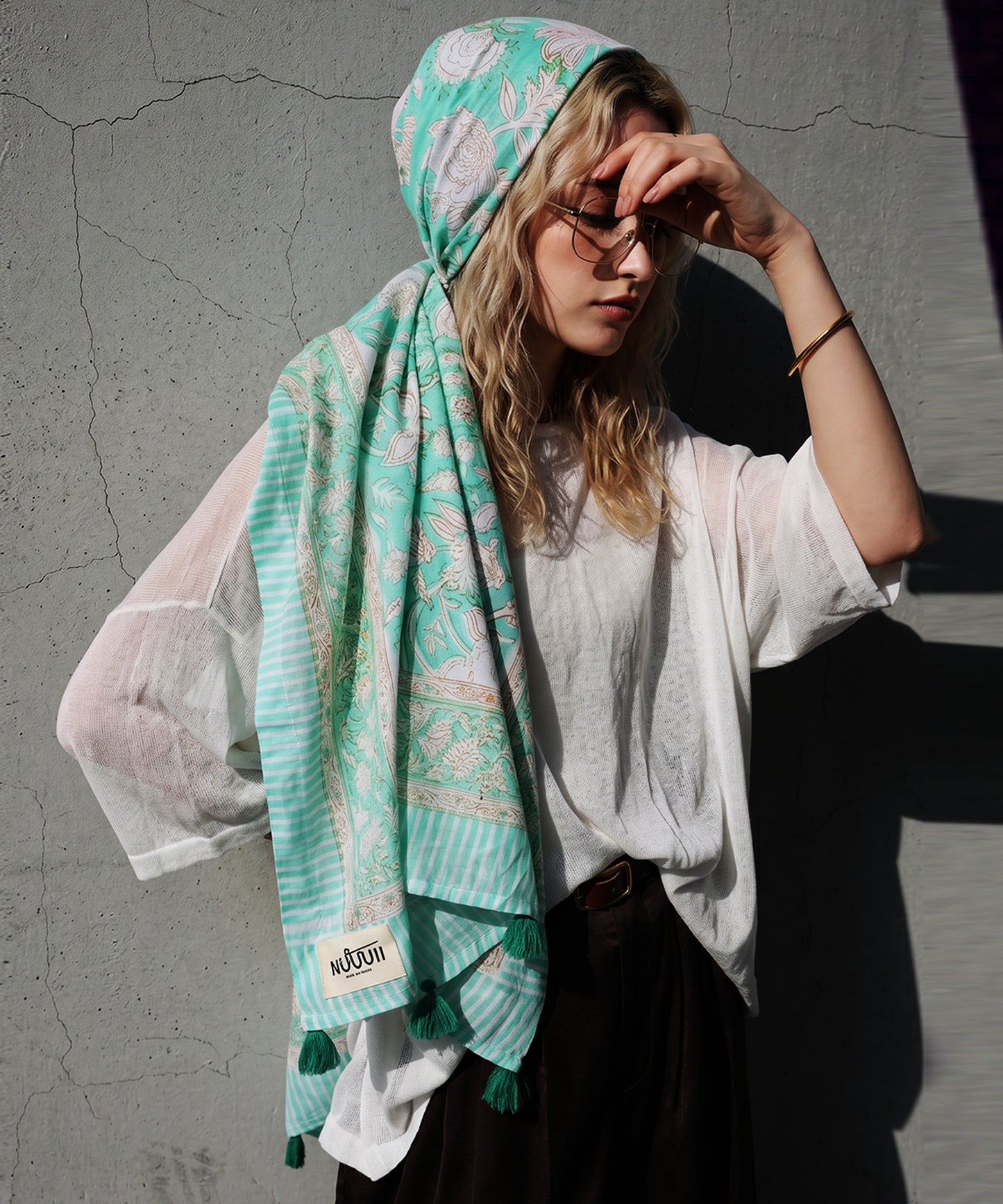 NUUUII Large-Size Botanical Print 100% Cotton Stole With Tassels Ladies