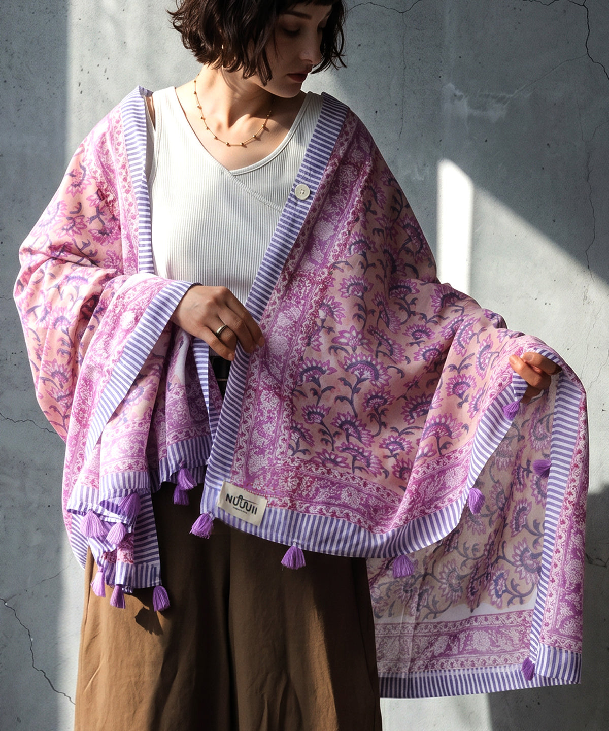 NUUUII Large-Size Botanical Print 100% Cotton Stole With Tassels Ladies