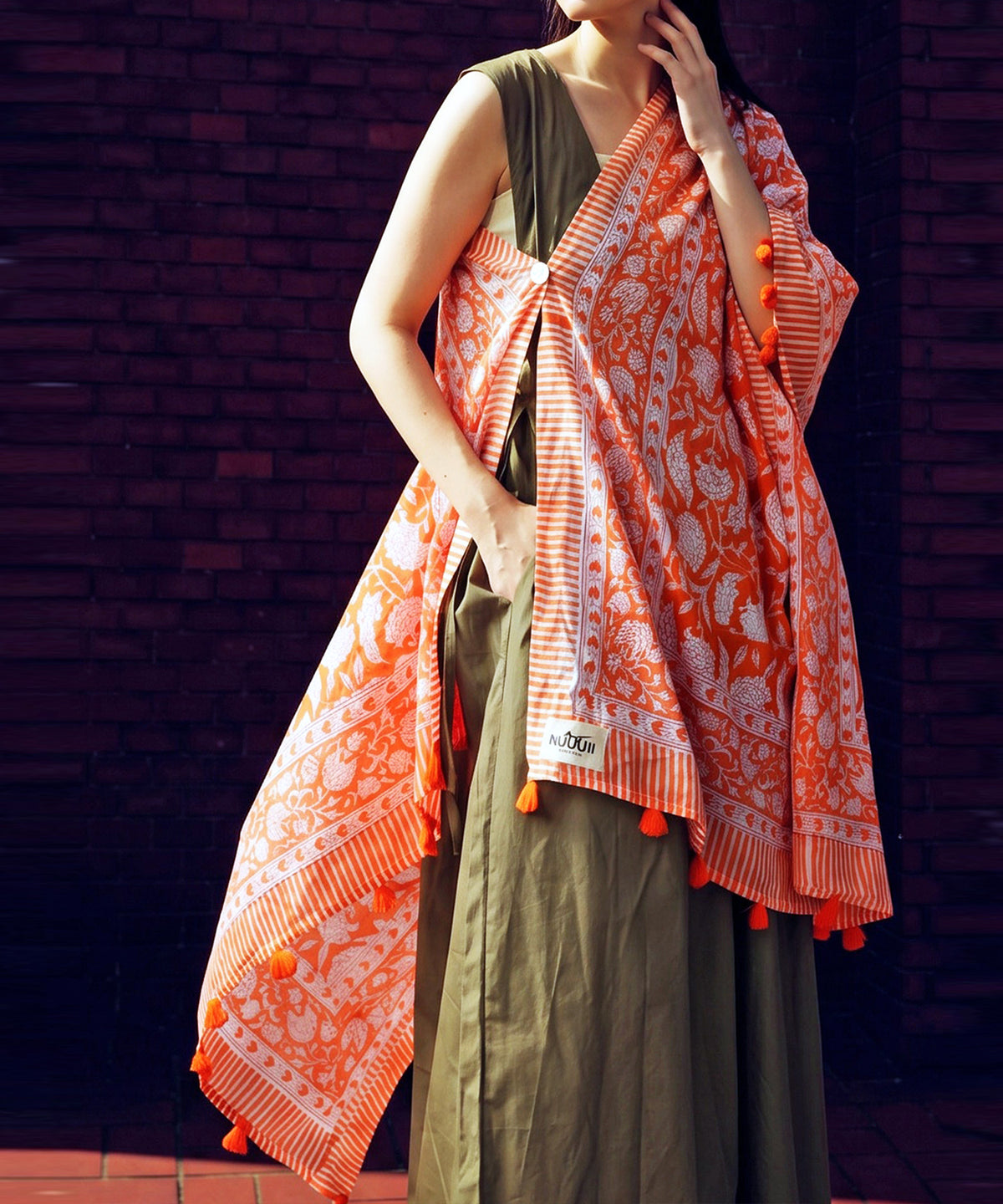 NUUUII Large-Size Botanical Print 100% Cotton Stole With Tassels Ladies
